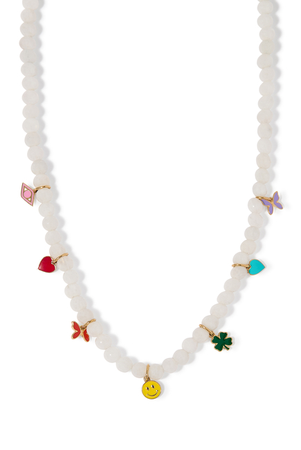 Gold & Enamel Tiny Charms Moonstone Necklace, 14K Yellow Gold, Enamel & Moonstone