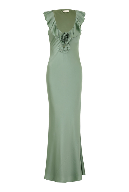 Neck Ruffles and Rose Applique Maxi Dress