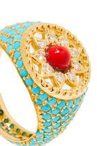 Arabesque Pinky Ring, 18k Gold with Coral & Diamonds