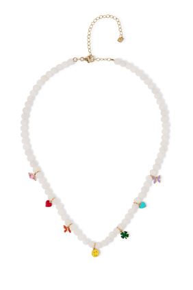 Gold & Enamel Tiny Charms Moonstone Necklace, 14K Yellow Gold, Enamel & Moonstone