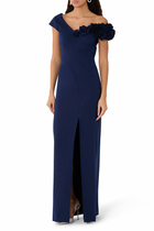 Stretch Crepe 3D Flower Asymmetrical Gown