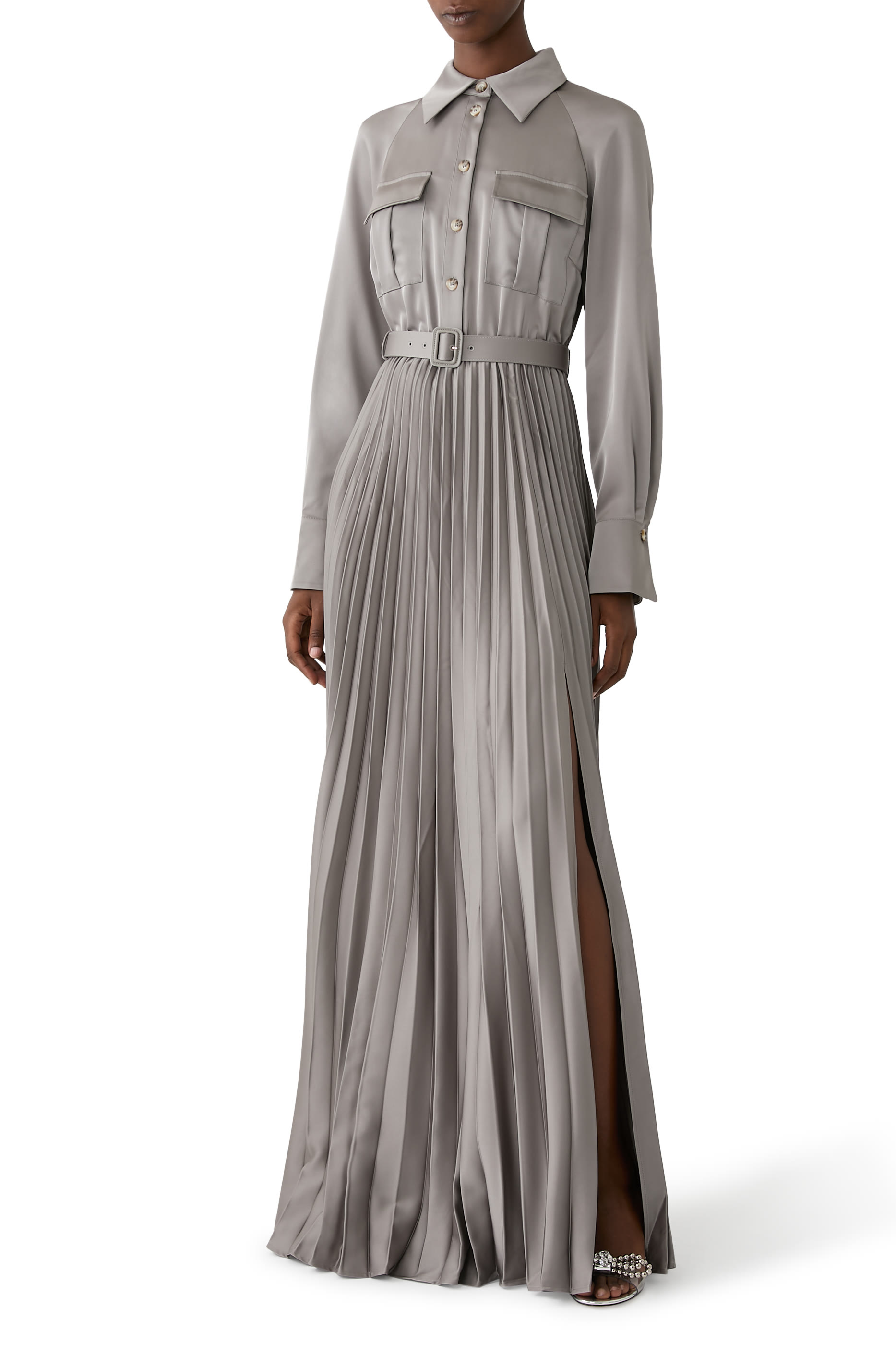 فستان طويل بطيات ساتان