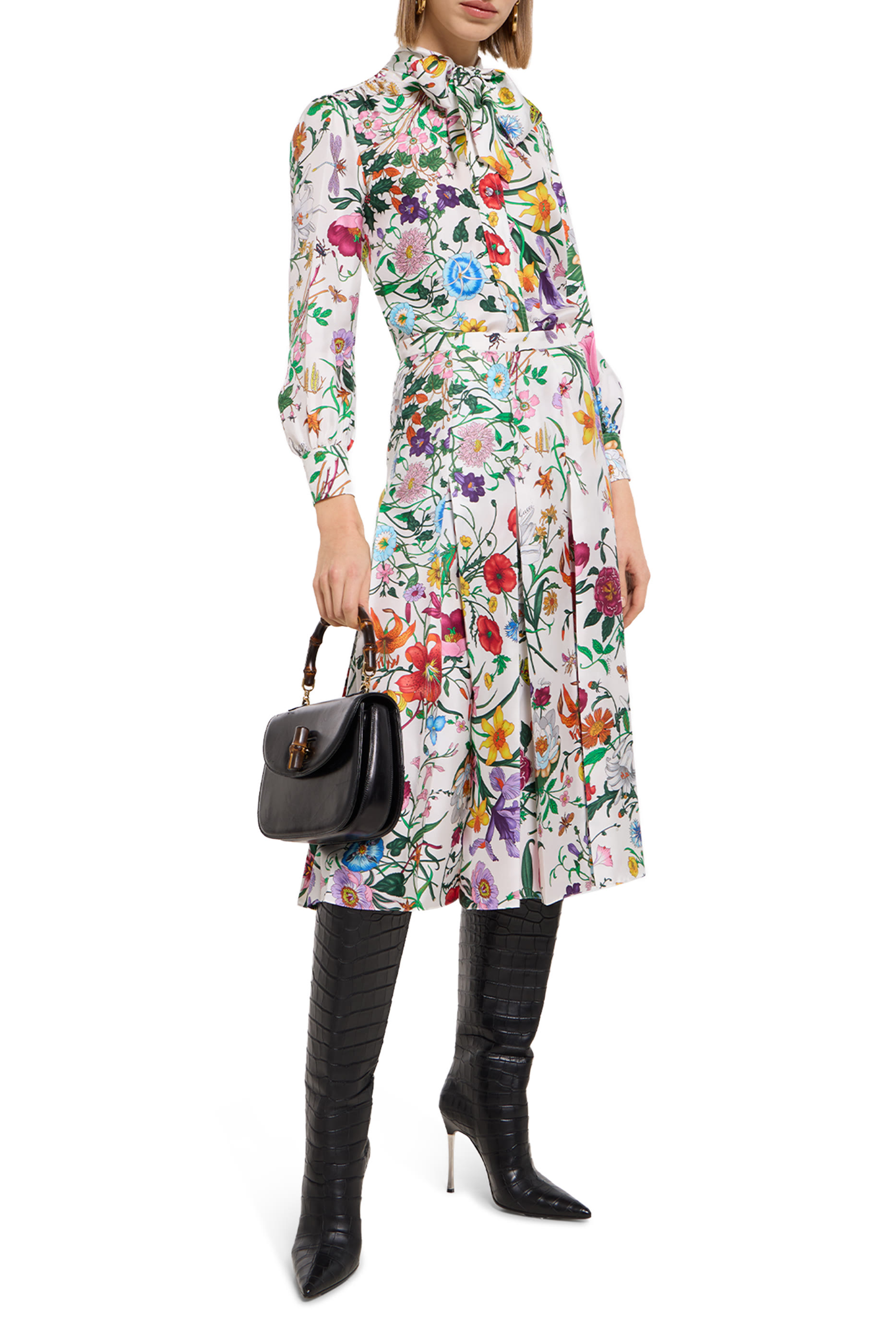 قميص مزين بطبعات وفيونكة حرير تويل