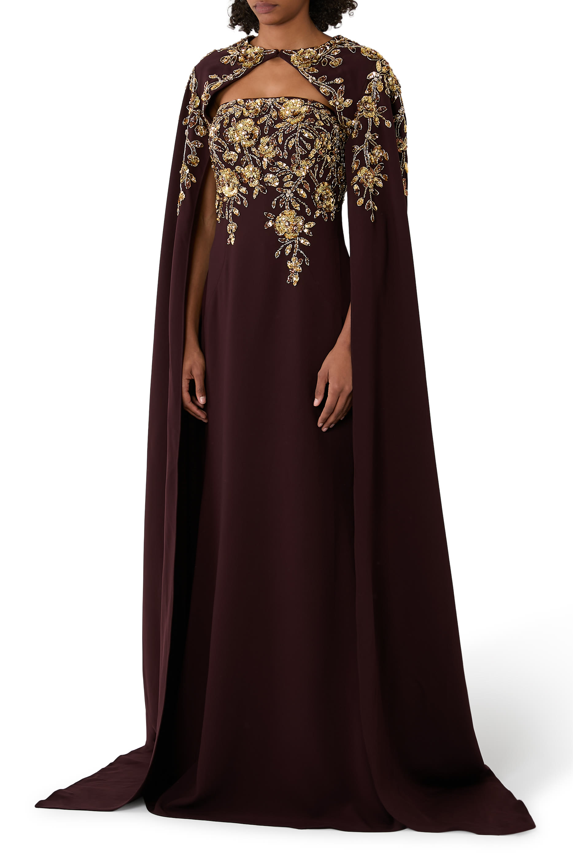 Embroidered Column Gown with Cape Sleeves