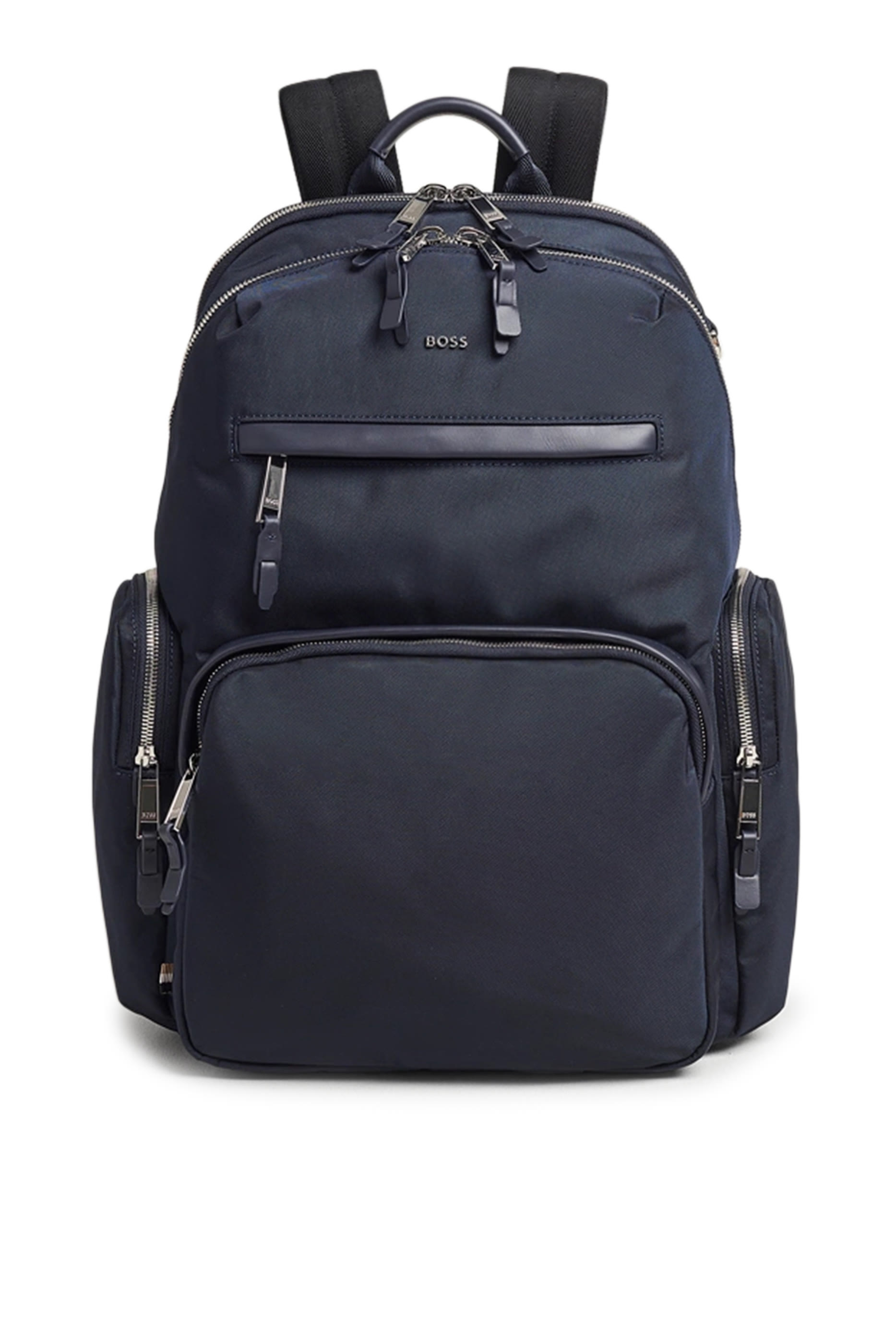 حقيبة ظهر مزينة بشعار الماركة فضي اللون وحواف جلد