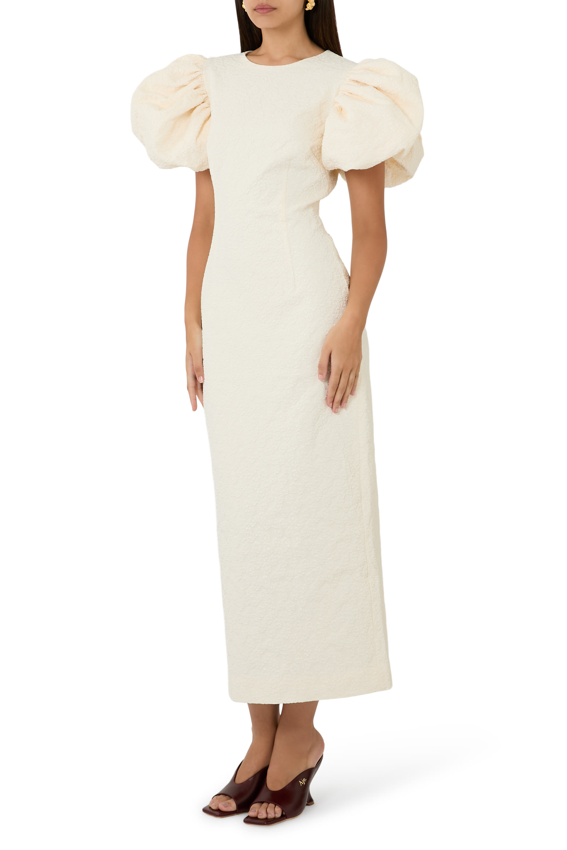 فستان متوسط الطول بأكمام منفوخة جاكار