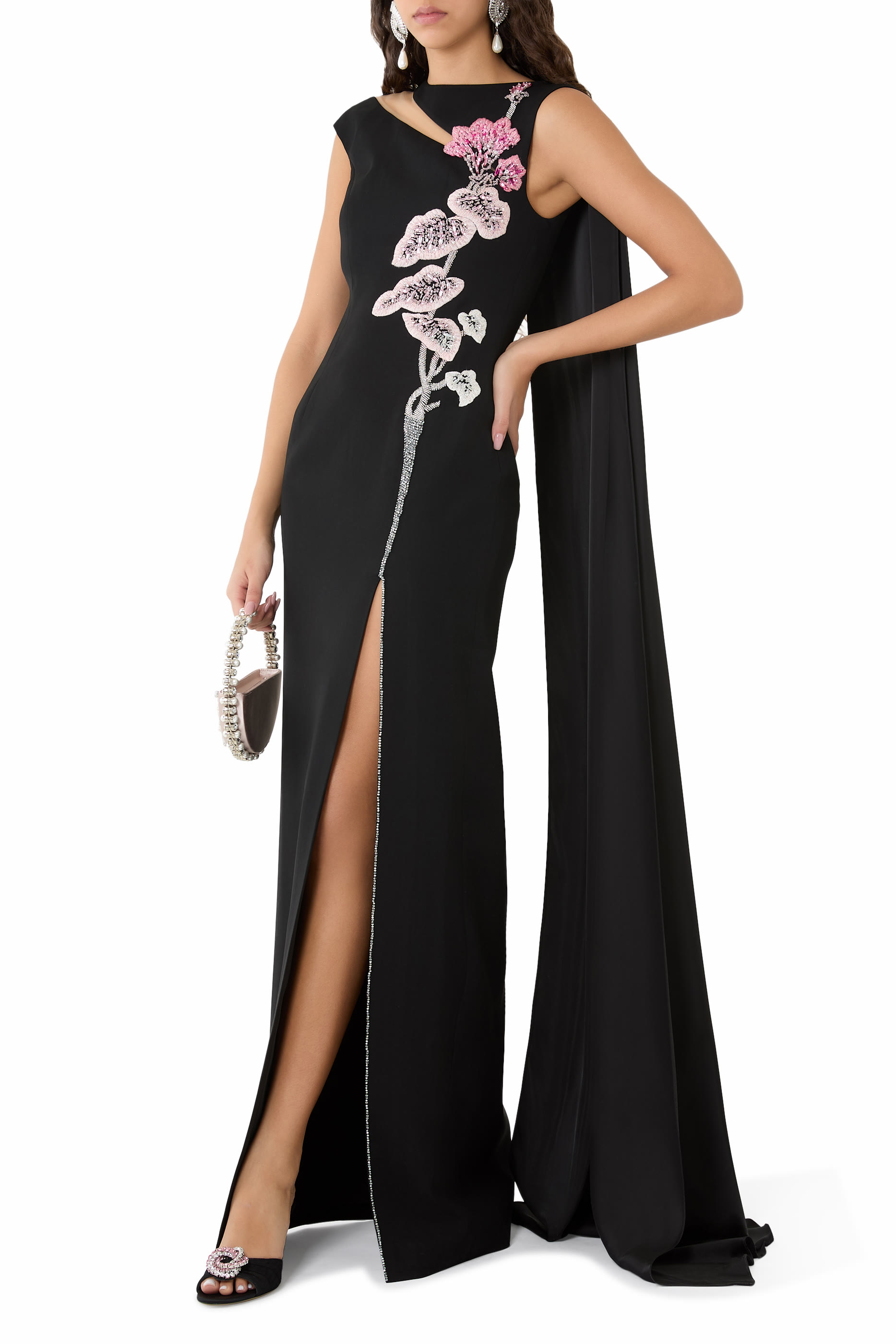Sleeveless Embroidered Gown with Cape and Cut-Out Detail