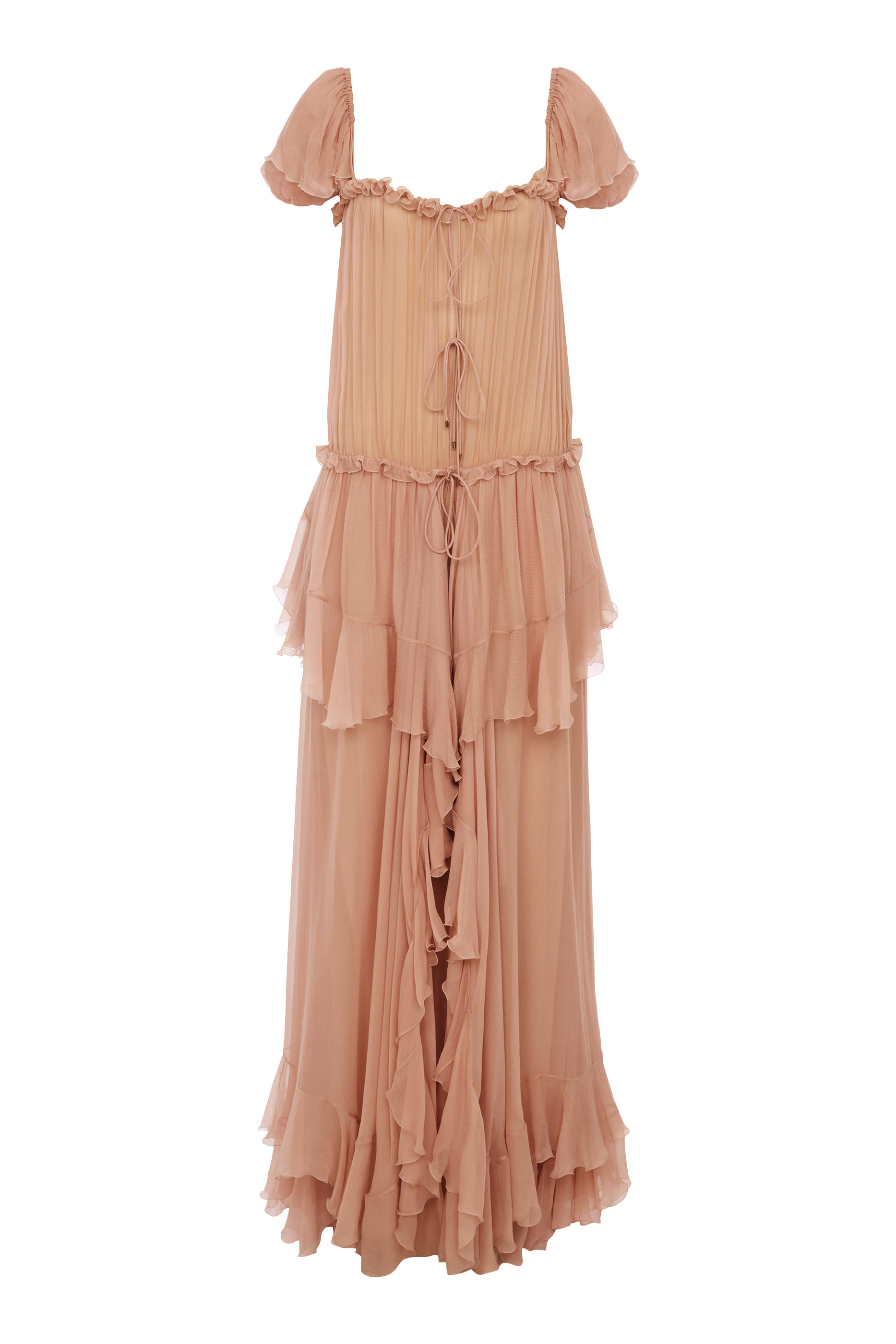 فستان طويل مزين بكشكش