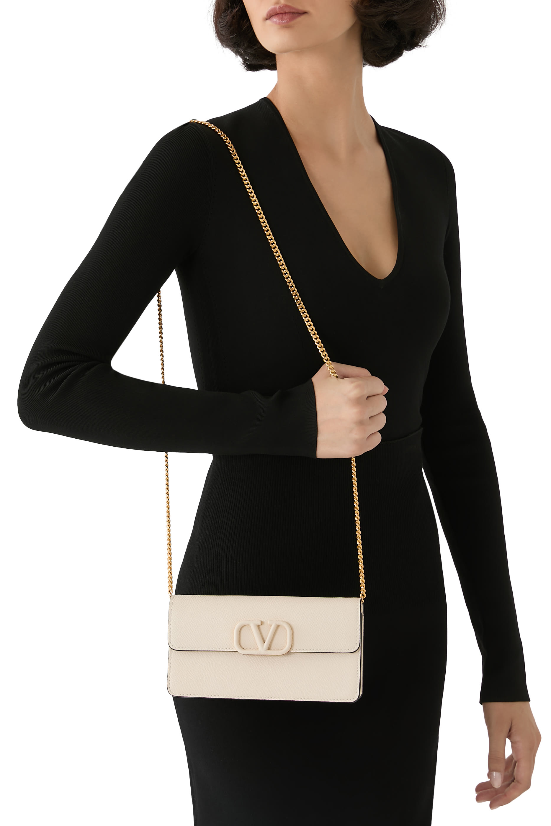 محفظة بسلسلة وحلية شعار الماركة جلد عجل بارز الملمس