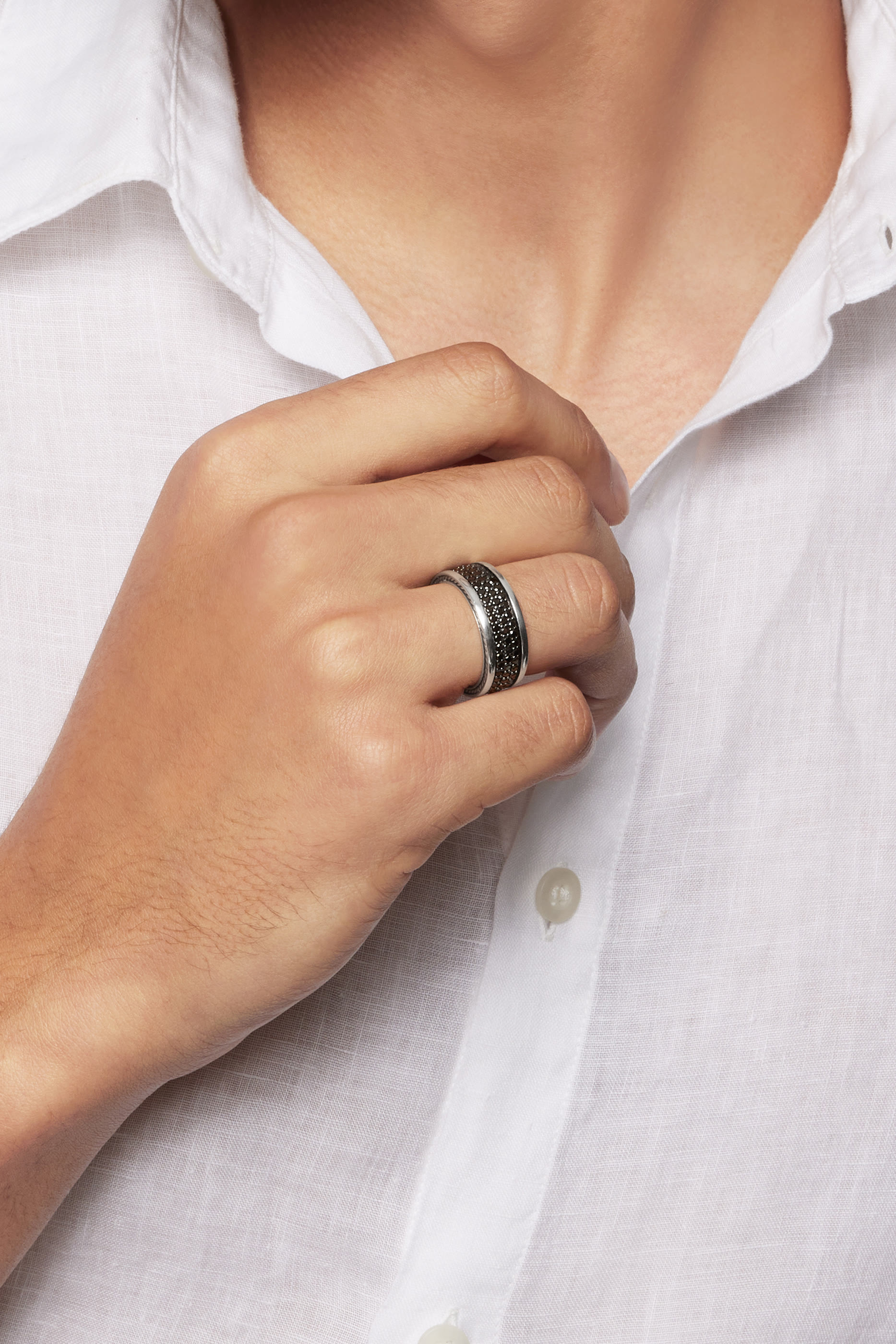 خاتم ستريملاين بثلاث طبقات مرصع بالماس، فضة إسترلينية