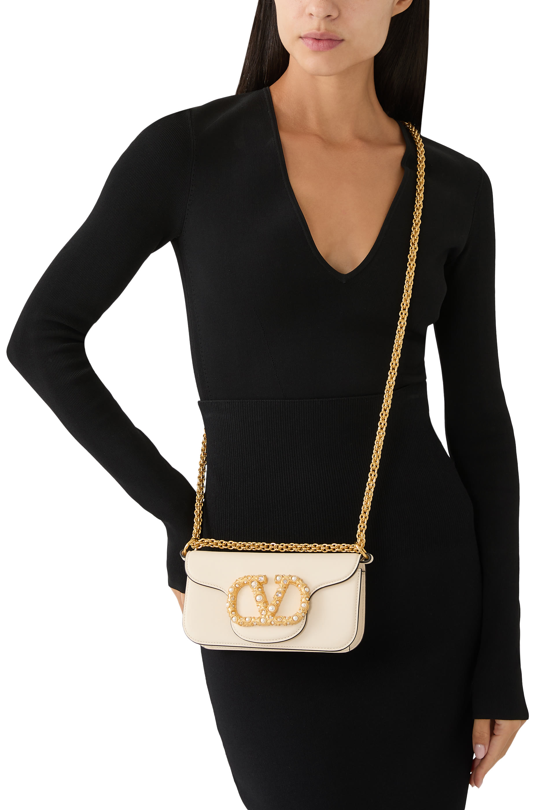 حقيبة كتف لوكو صغيرة بحلي شعار الماركة المرصعة بأحجار