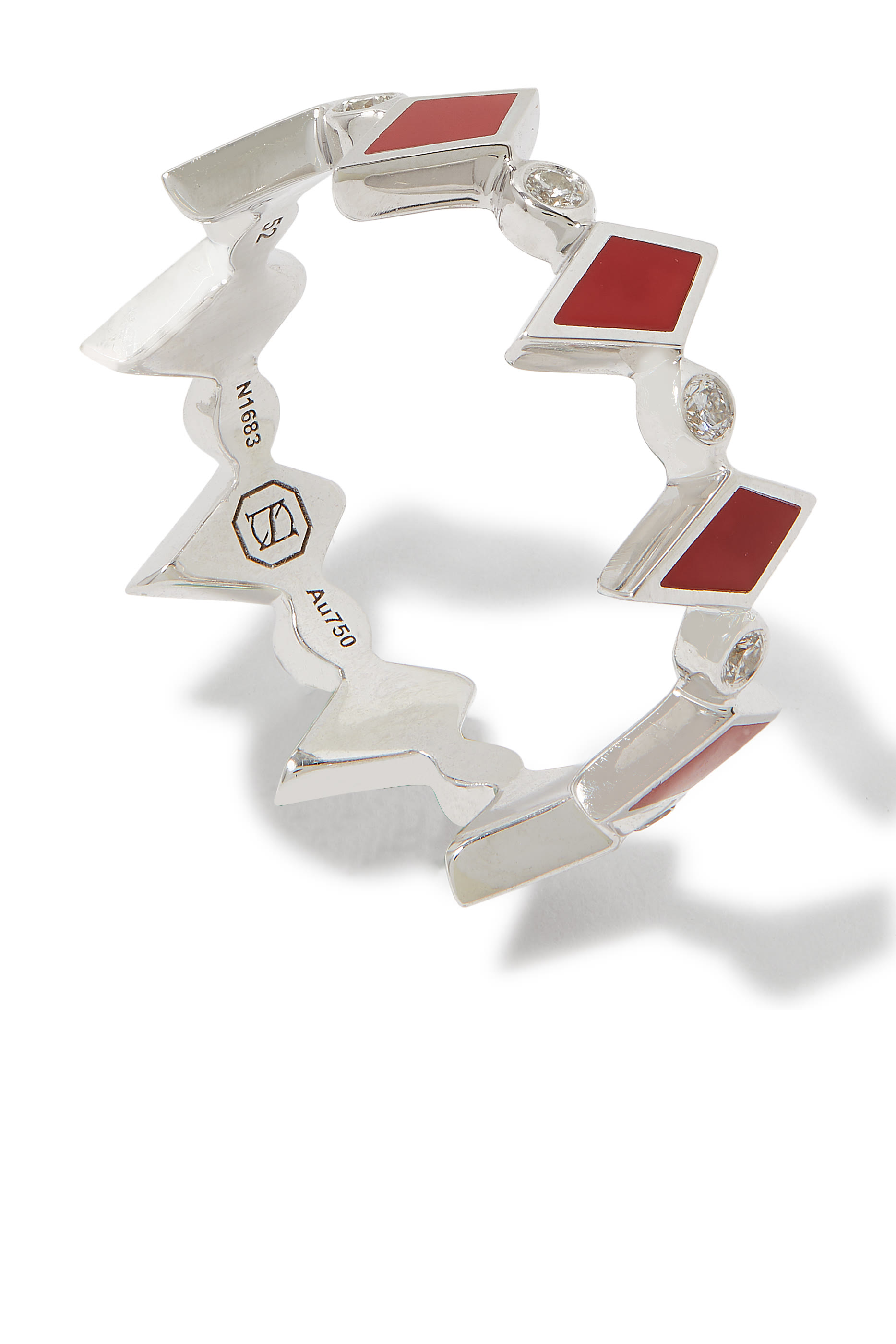 خاتم موزاييك مرصع بالماس ومزين بمينا، ذهب أبيض عيار 18