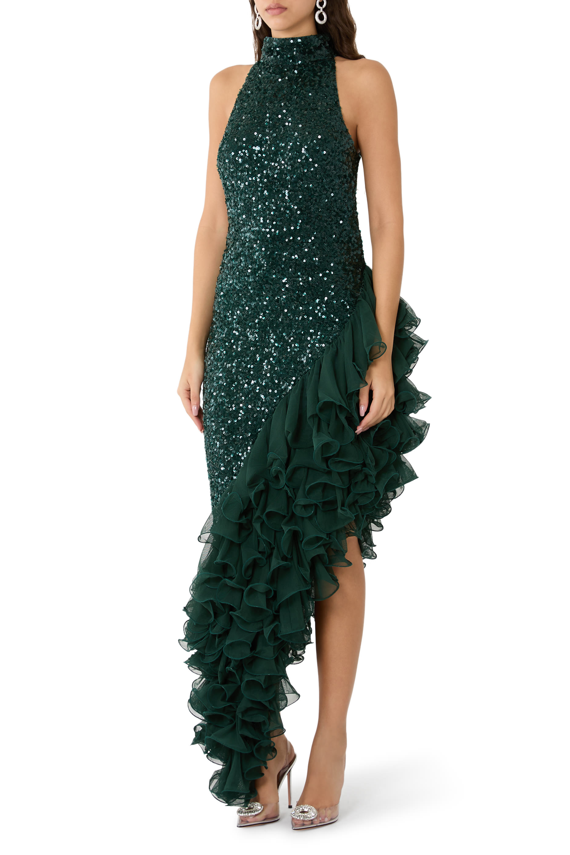 فستان متوسط الطول بكشكش وترتر