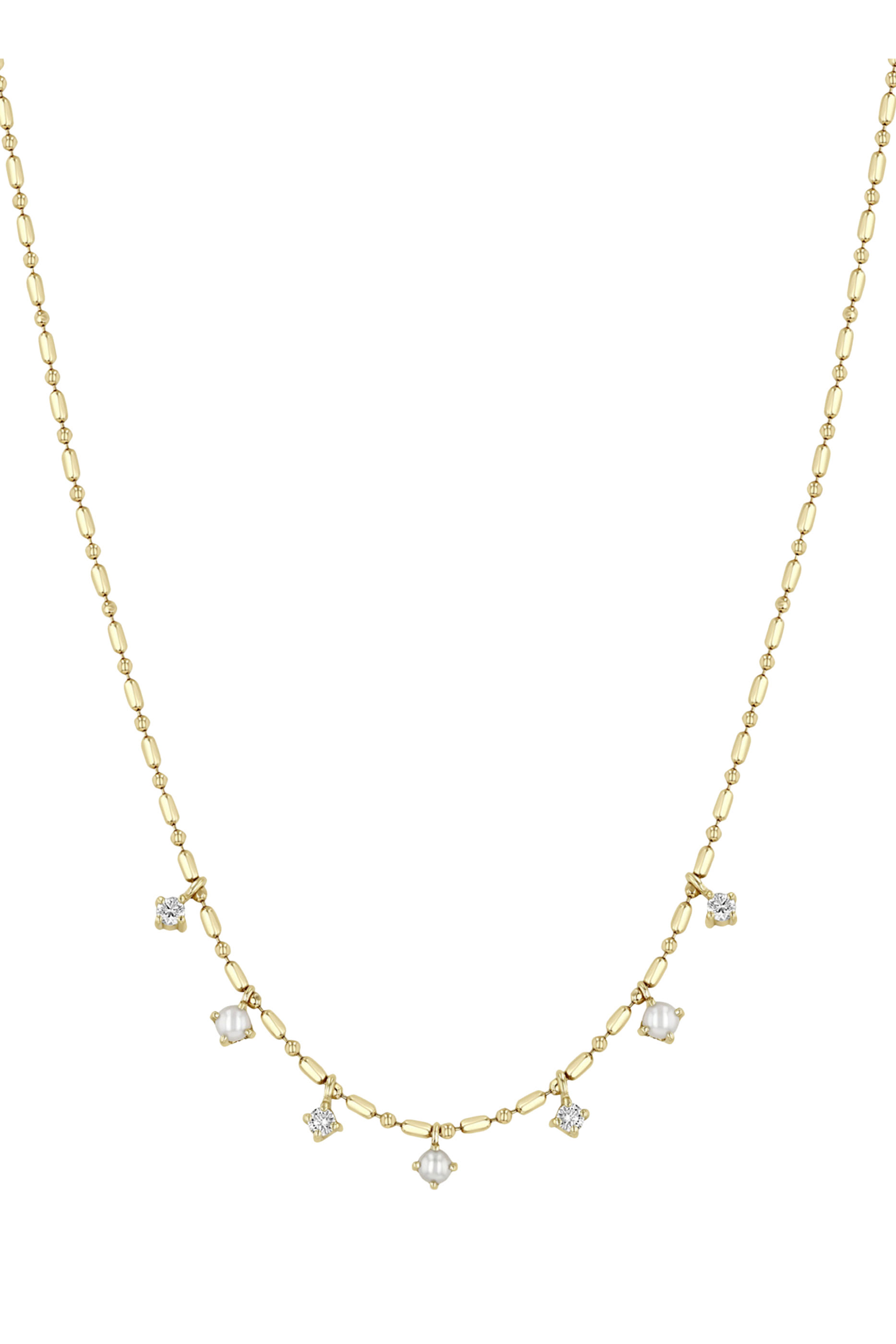 قلادة سلسلة بحلقات بيضاوية مرصعة بسبعة لآلئ متدلية وماس، ذهب أصفر عيار 14