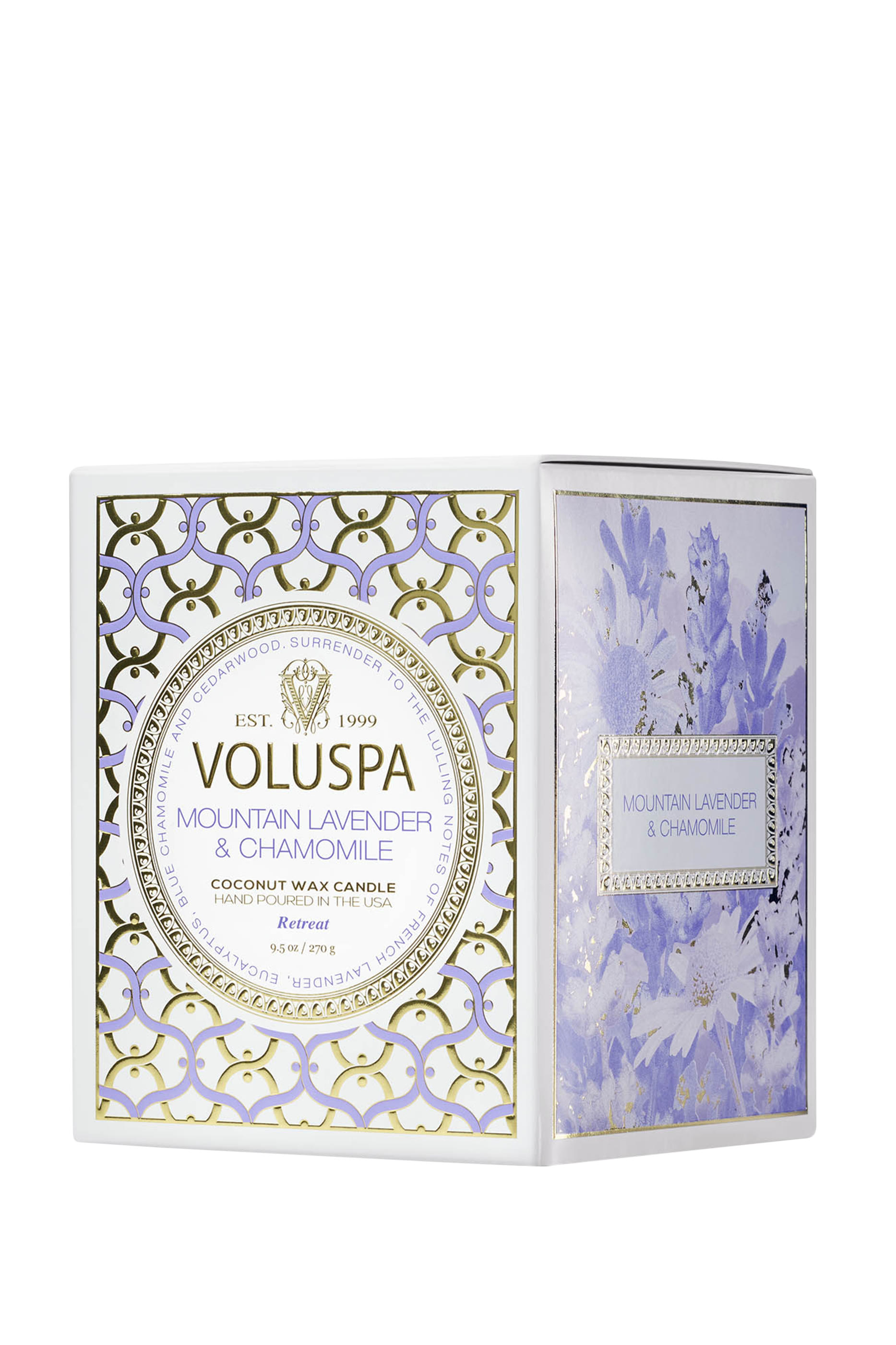 شمعة برائحة اللافندر الجبلي والبابونج في علبة فاخرة