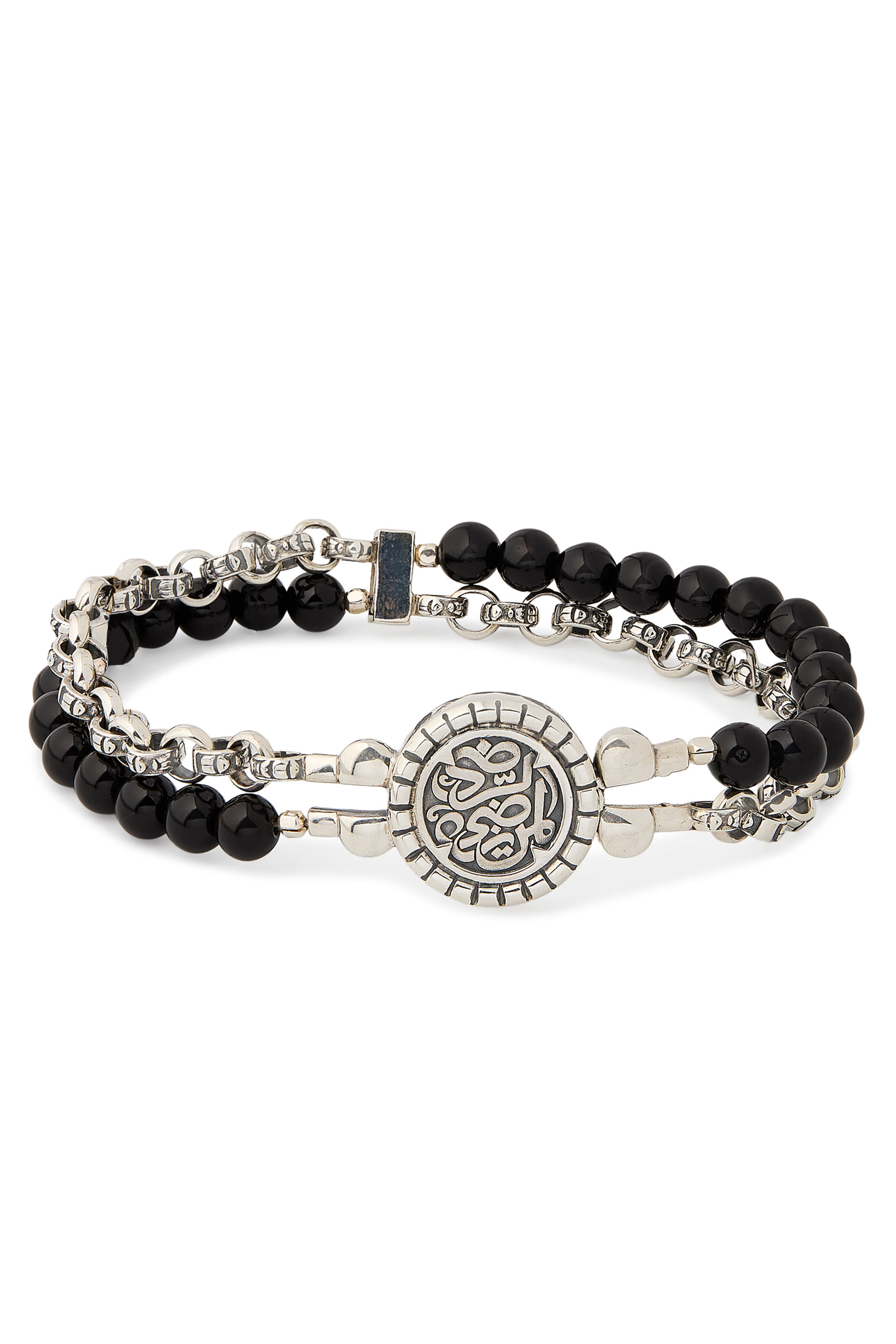 سوار واريور بتصميم ملفوف مرصع بالعقيق الأسود، فضة إسترلينية وجلد