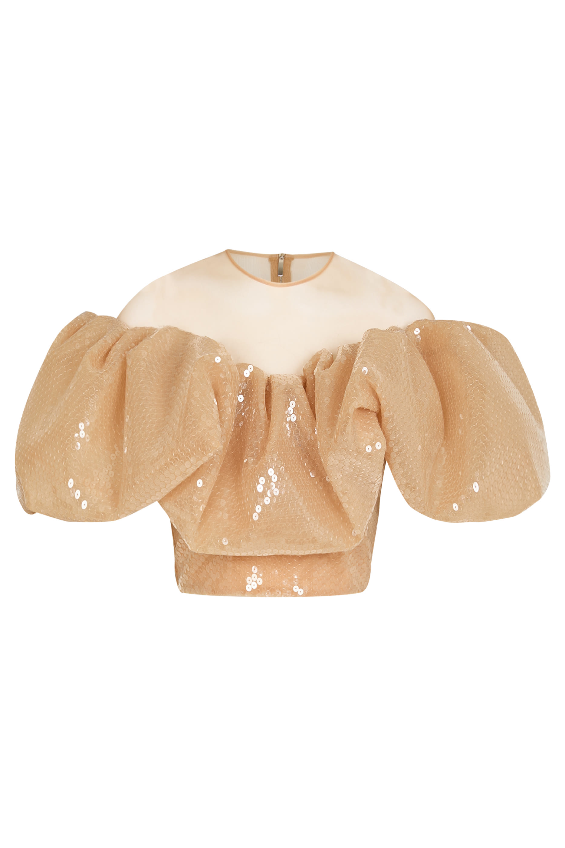 بلوزة قصيرة بأكمام منفوخة وأكتاف مكشوفة وترتر