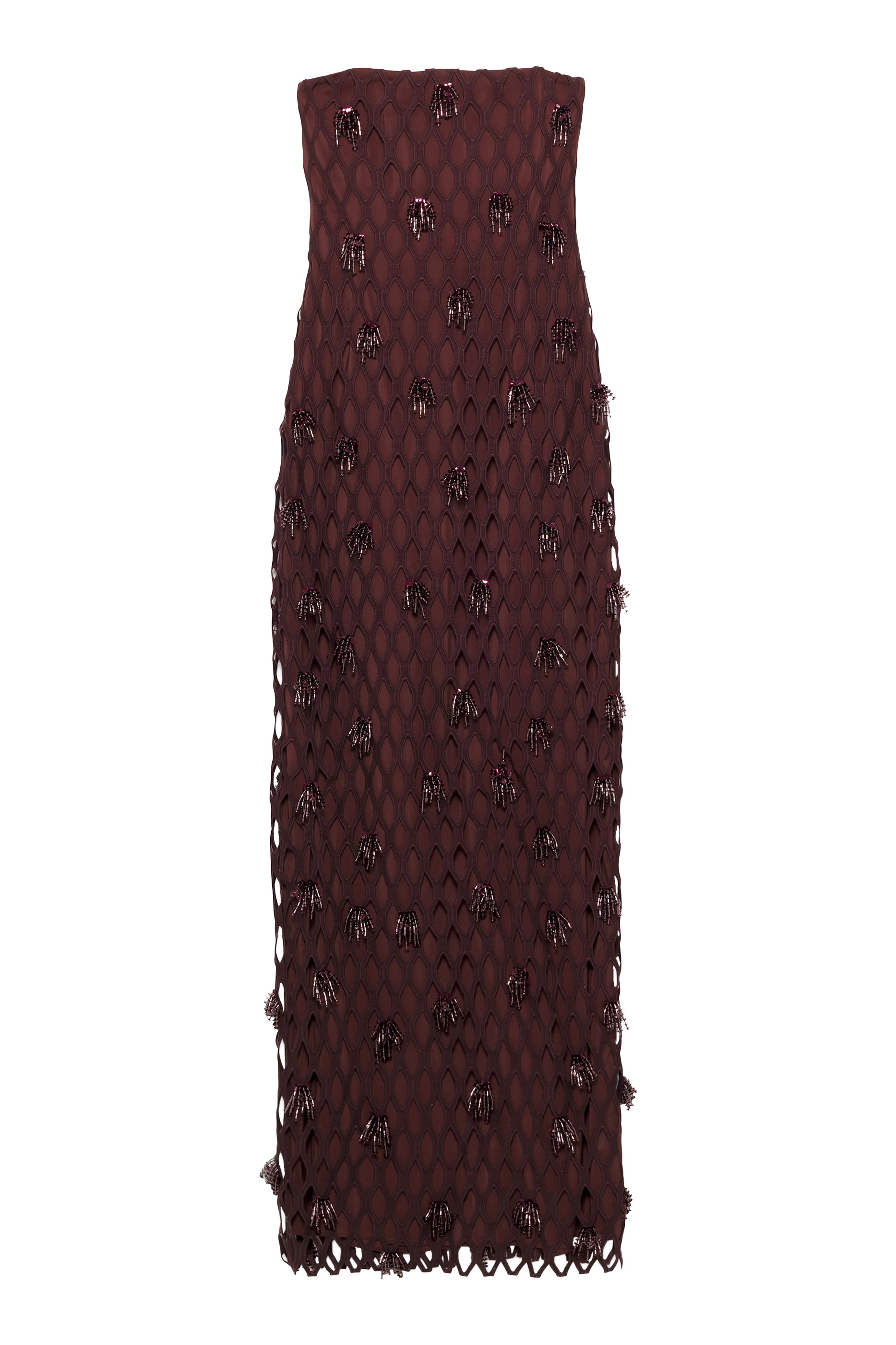 فستان سهرة إيريديسا بصدرية بلا حمالات ومطرز بنسيج متشابك