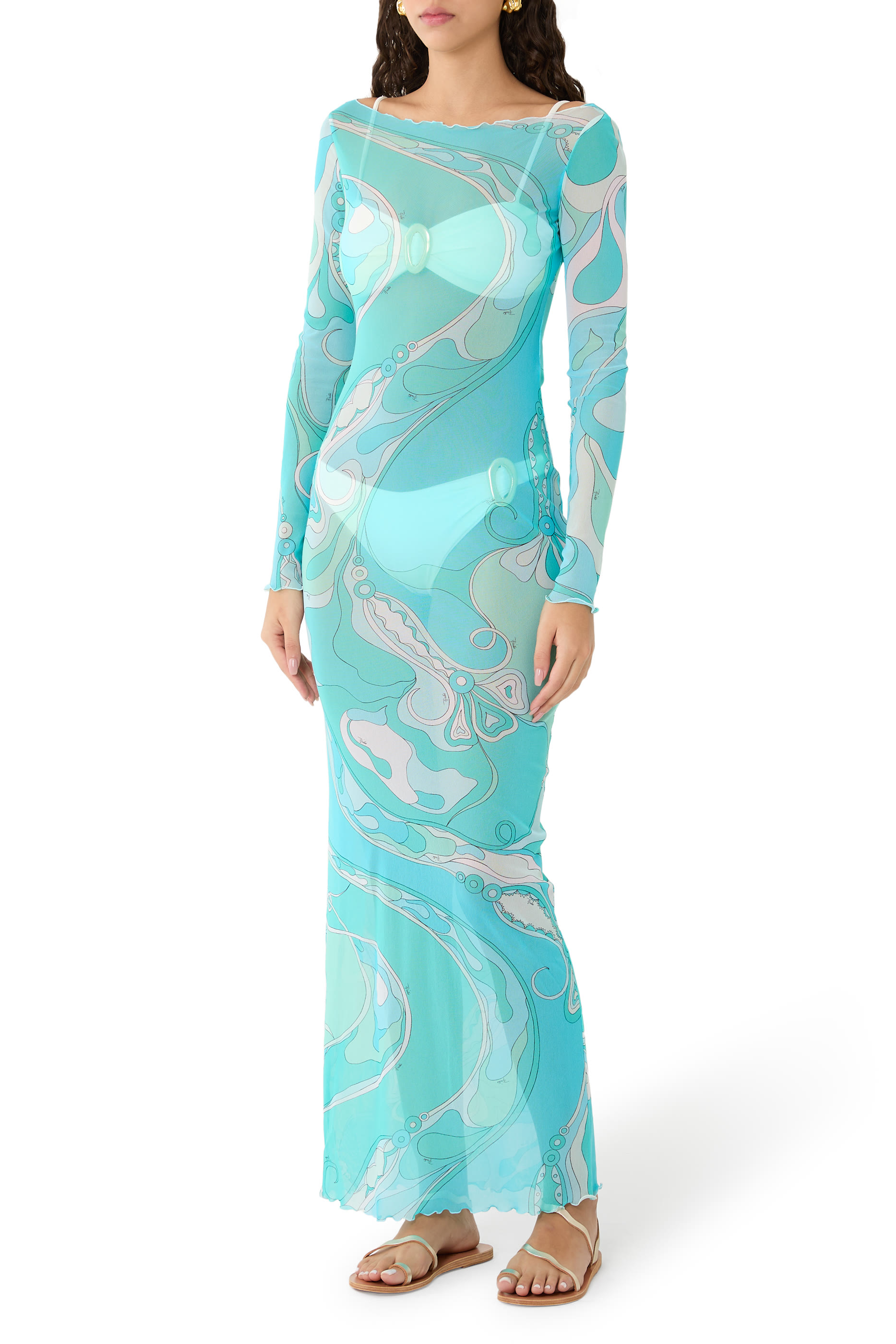 فستان أبيتو طويل شفاف بأكمام طويلة تول