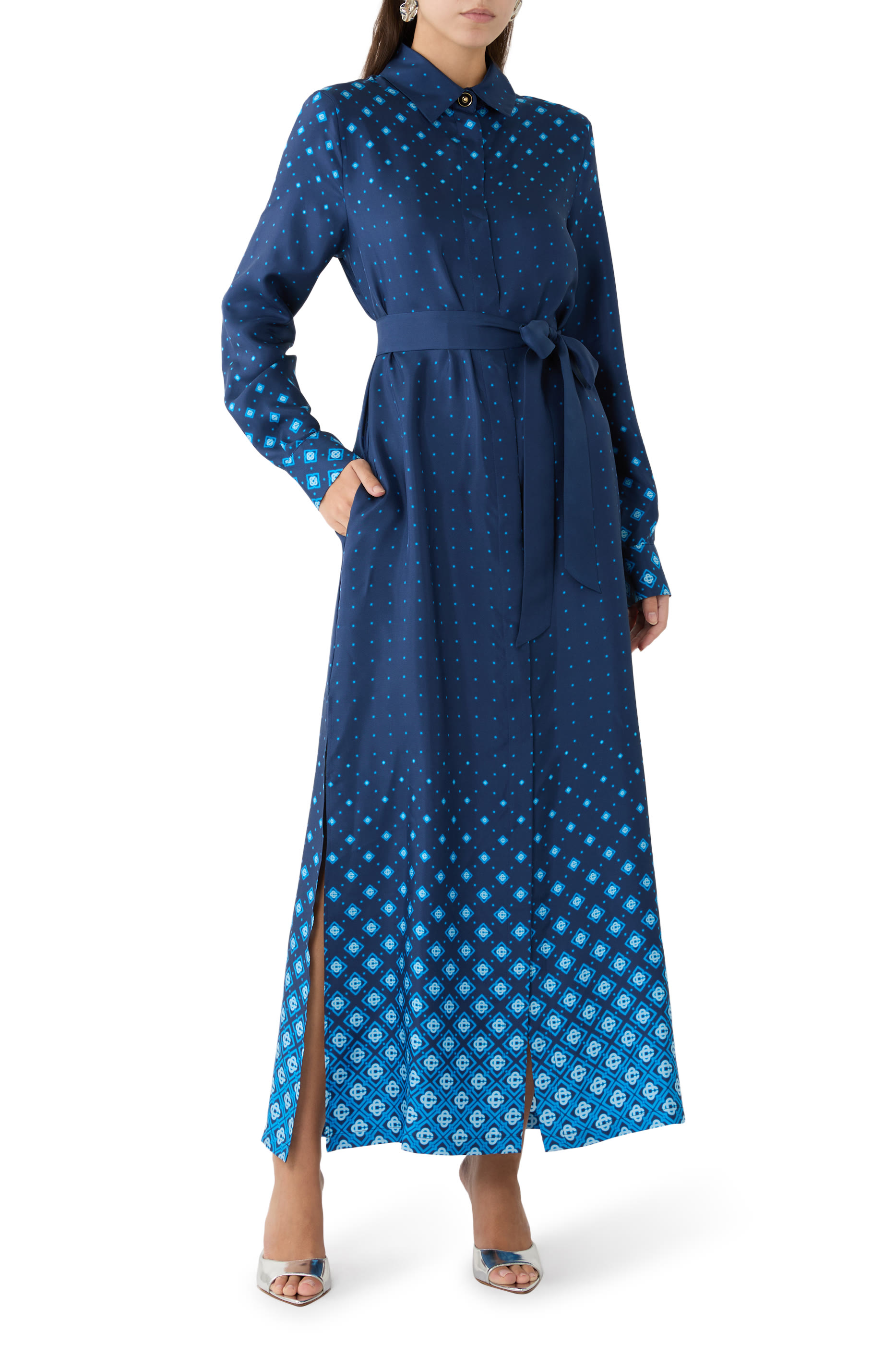 فستان بنمط قميص بنقشة بتصميم متدرج حرير