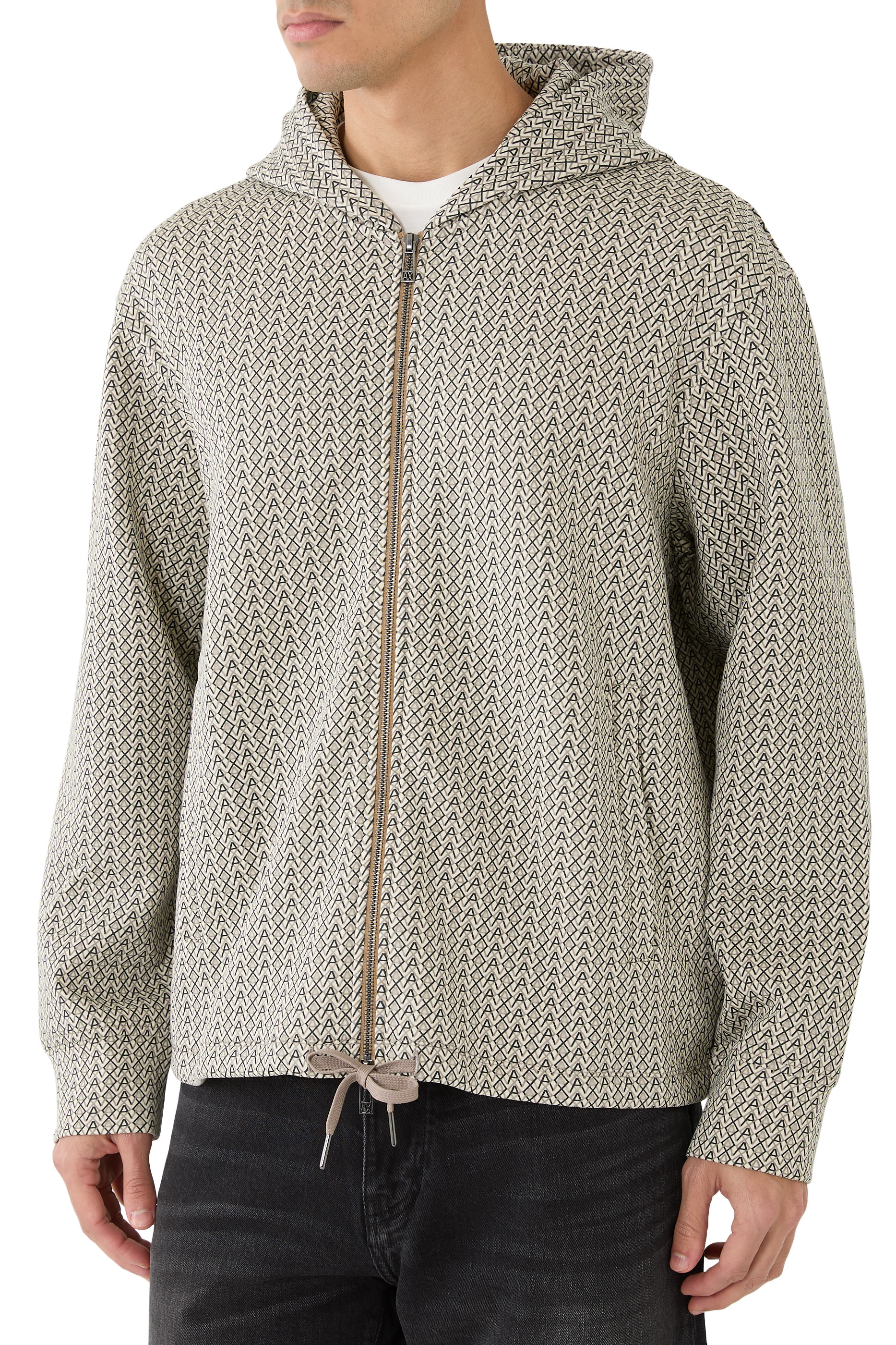 سويت شيرت بغطاء رأس بسحاب مزين بشعار الماركة بالكامل