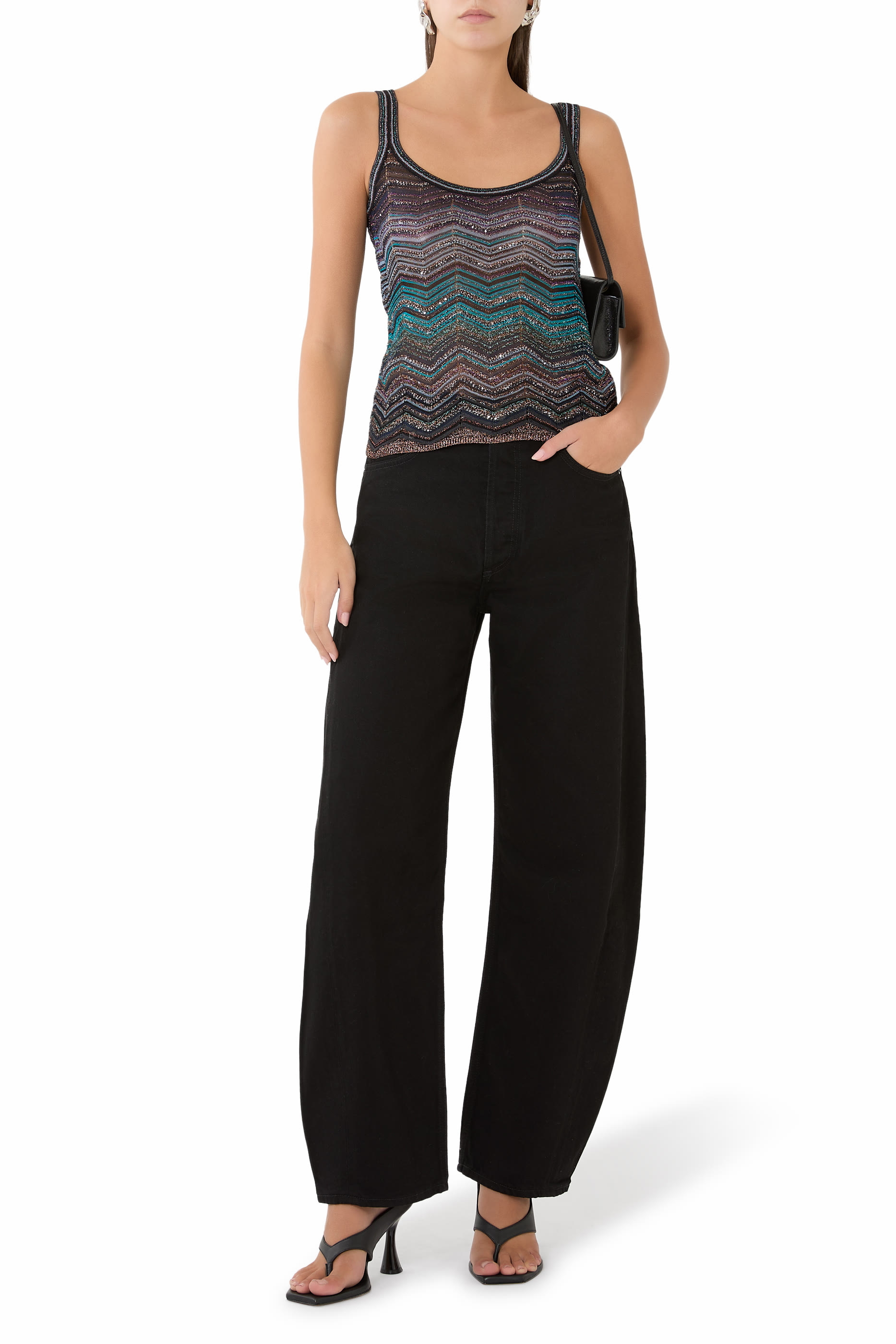 بلوزة بياقة ضيقة وبلا أكمام فيسكوز لاميه بنمط شيفرون