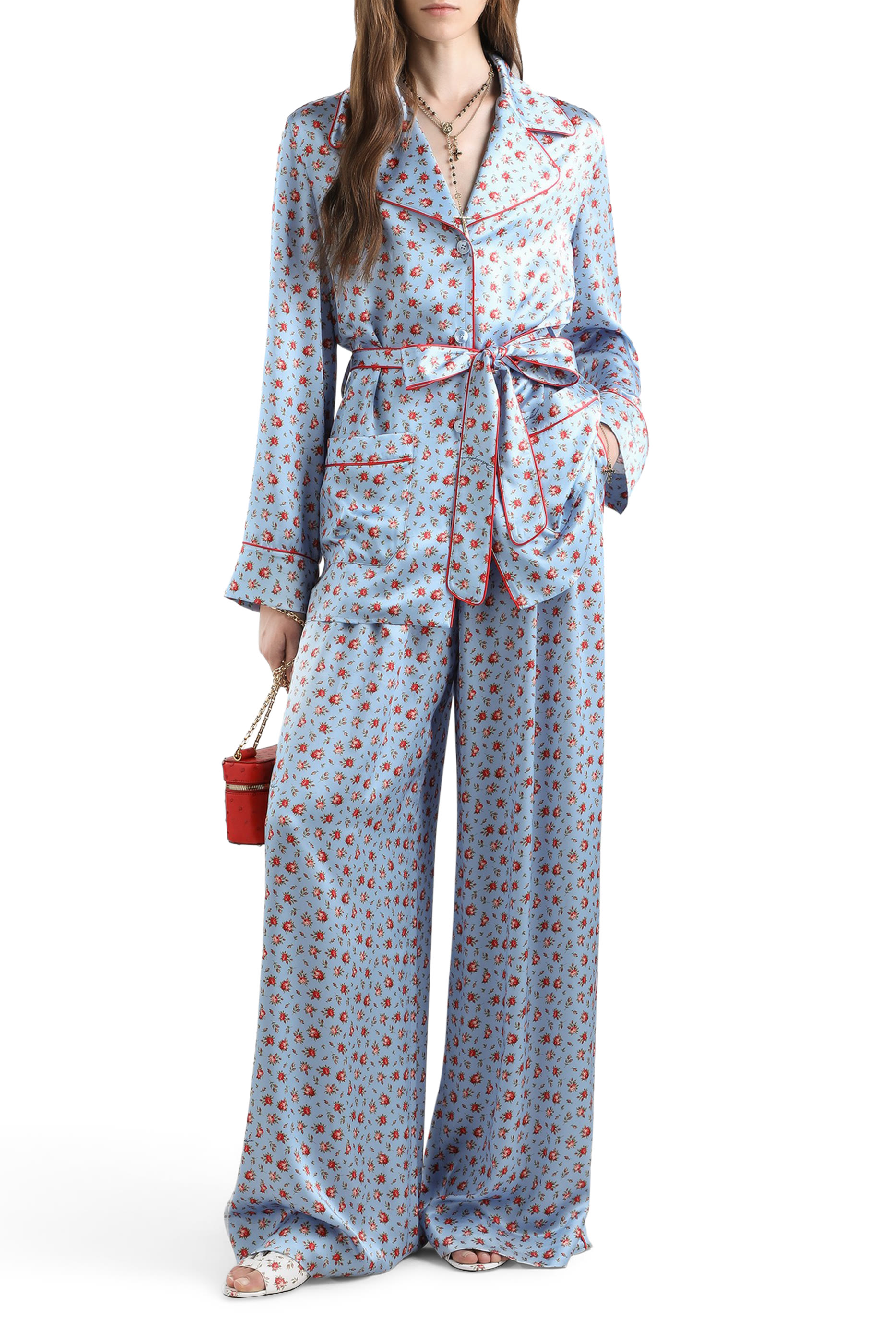 بنطال بقصة ساق واسعة ونقشة ورد بحجم صغير حرير