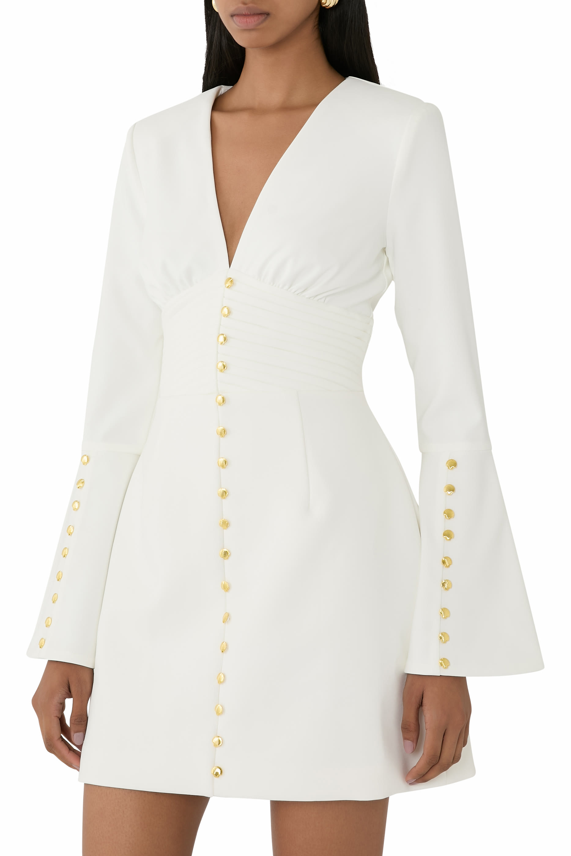 فستان قصير لارا بأكمام واسعة وأزرار مايكرو شيل