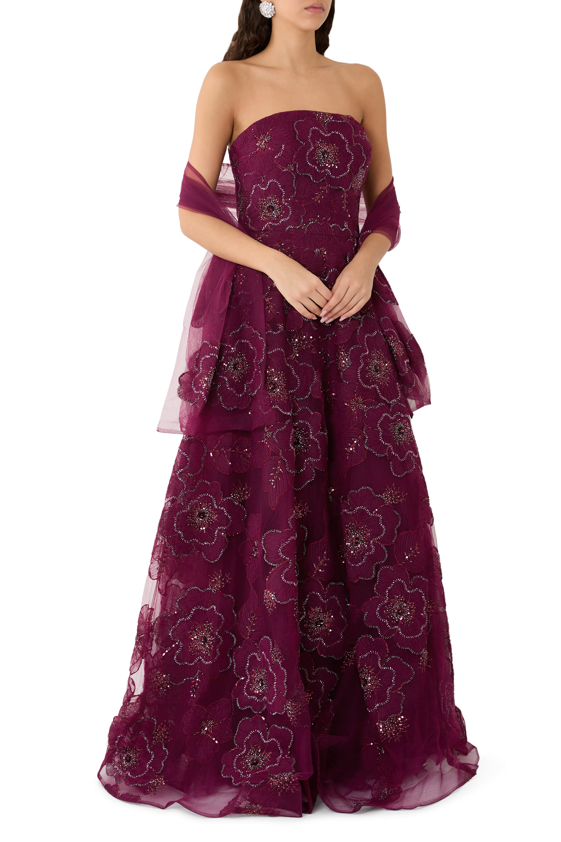 فستان سهرة بلا حمالات مزين بخرز وزهور بارزة الملمس