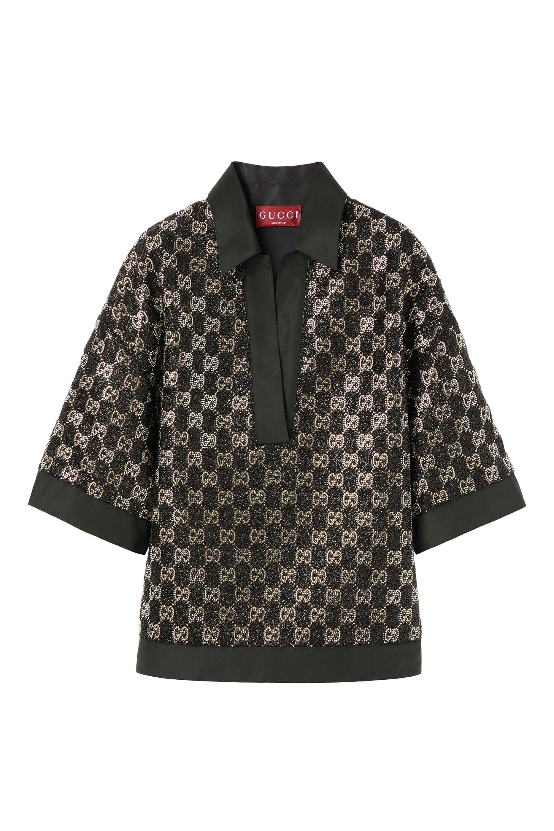 بلوزة صوف تويد لامع بنقشة حرفي شعار الماركة