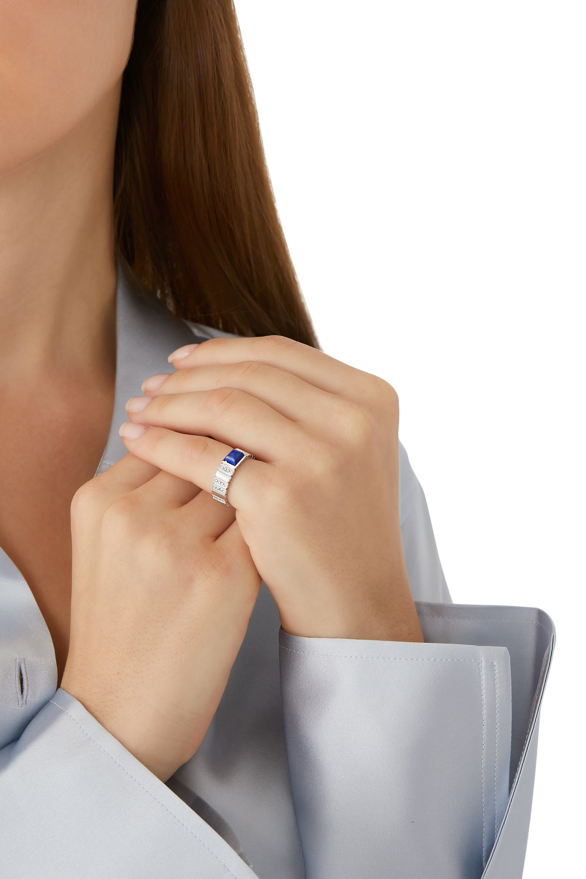 خاتم كليو 2 بحلقات مرصعة بالماس واللازورد ذهب أبيض عيار 18