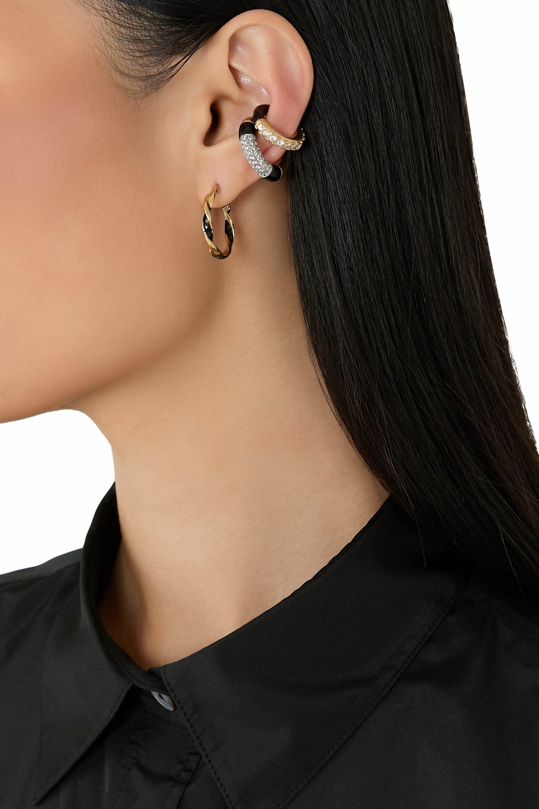 قرط مفتوح دائري بلونين، ستانلس ستيل مطلي بالفضة وأكاسيد الزركونيوم