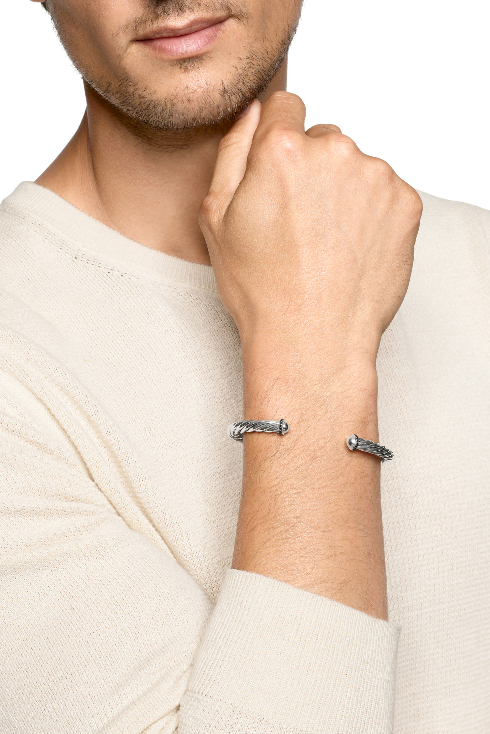 سوار مفتوح بتصميم كابل مرصع بماس، فضة استرلينية، 6 مم