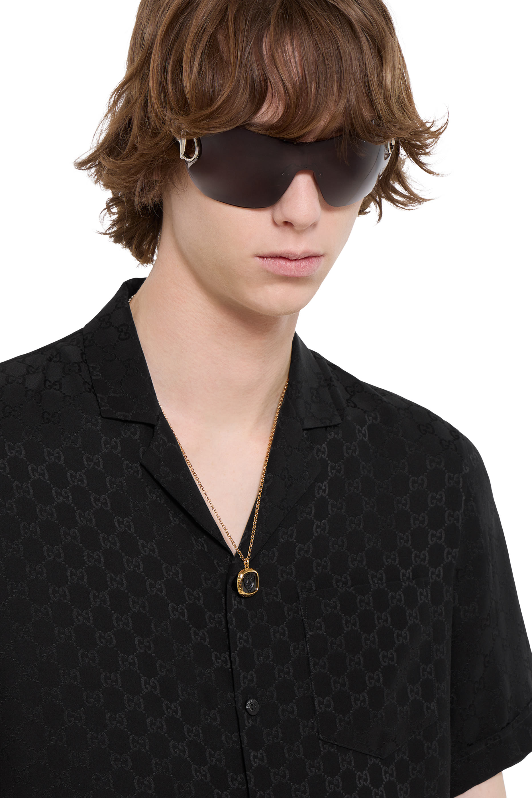 قميص بولينج حرير بنقشة حرفي شعار الماركة جاكار