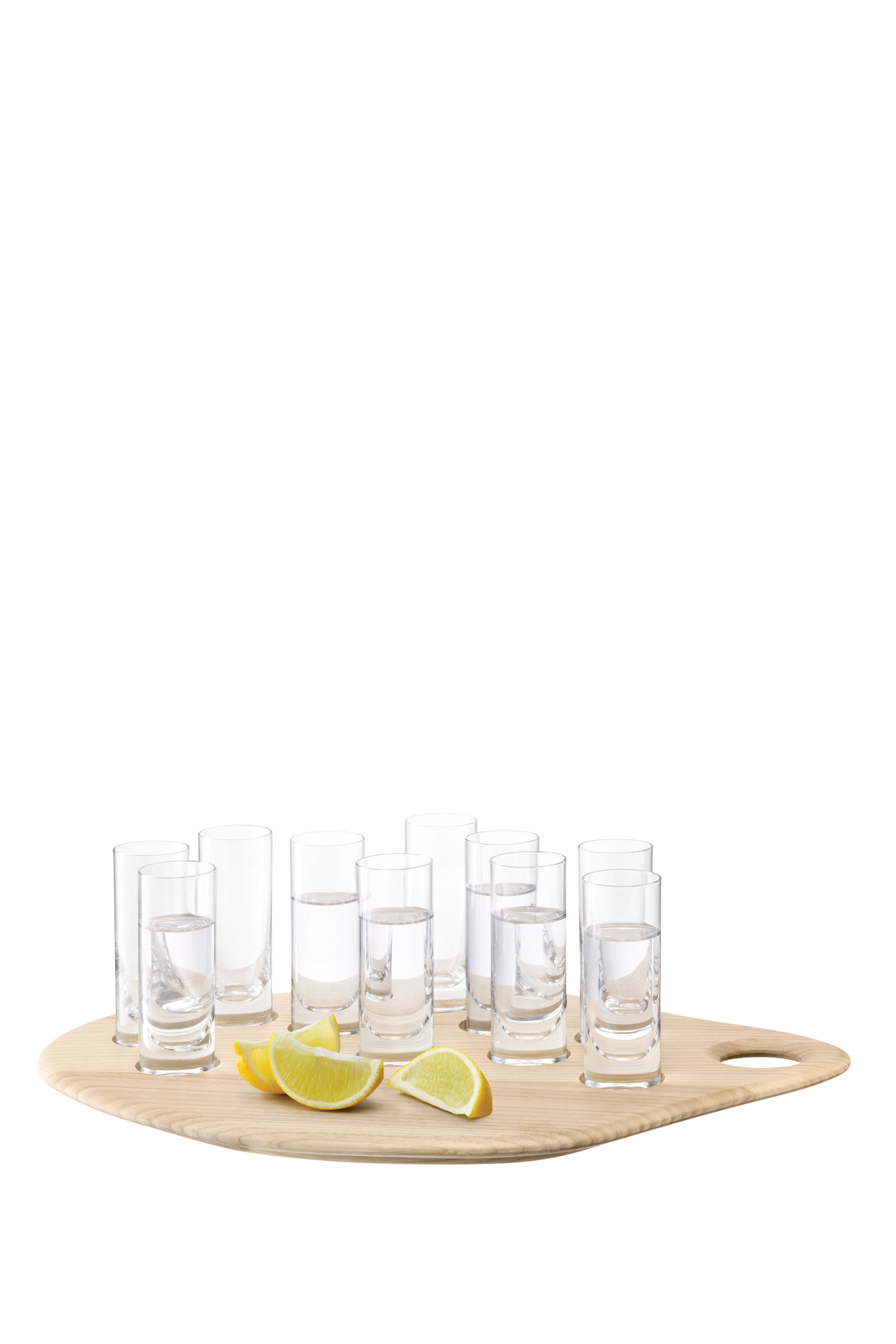 طقم أكواب شوت مع لوح تقديم خشب رماد