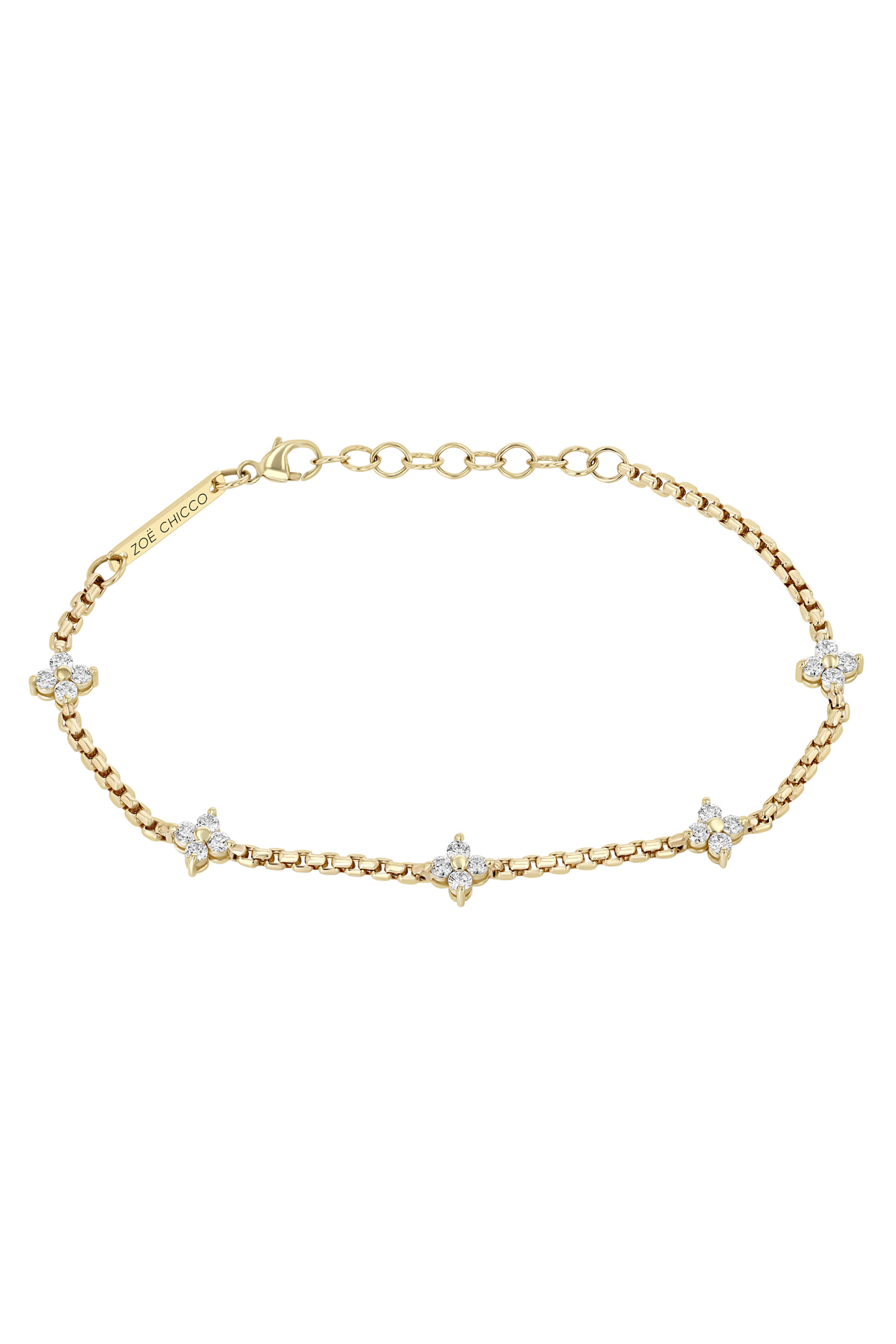 سوار سلسلة بحلقات مربعة بخمس حلي مرصعة بماس، ذهب أصفر عيار 14