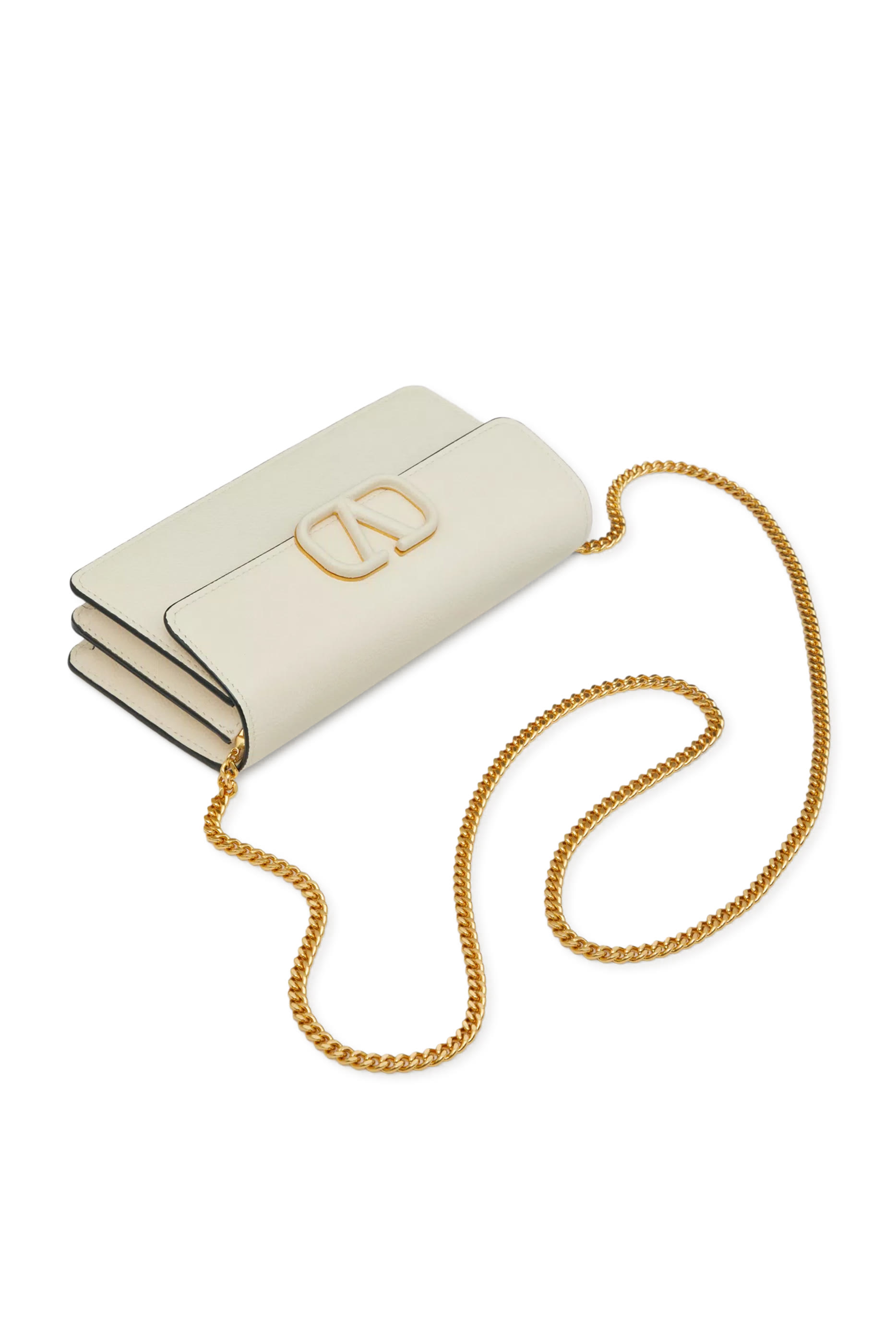 محفظة بسلسلة وحلية شعار الماركة جلد عجل بارز الملمس