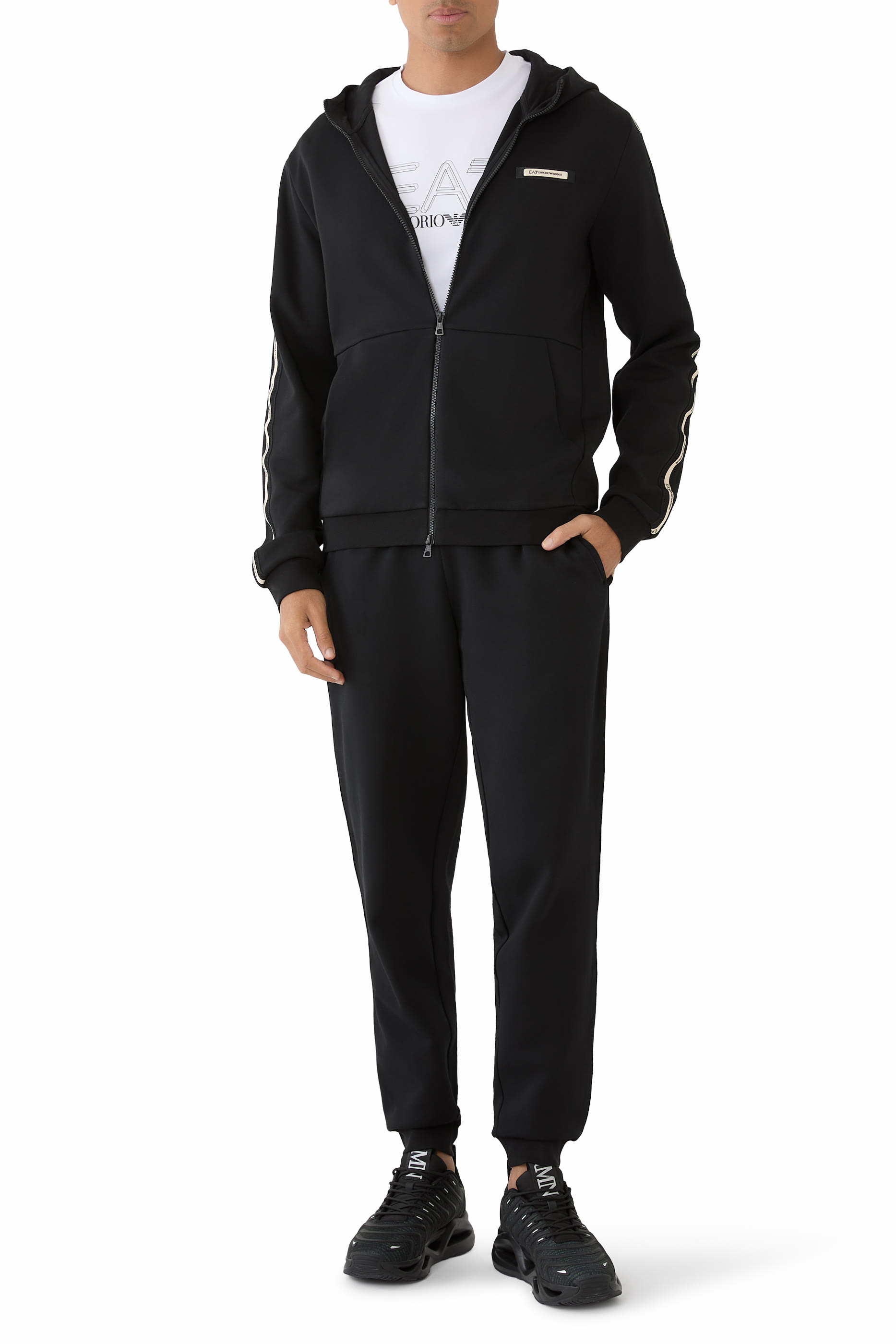 سويت شيرت بغطاء رأس وشعار الماركة قماش بنسيج متشابك