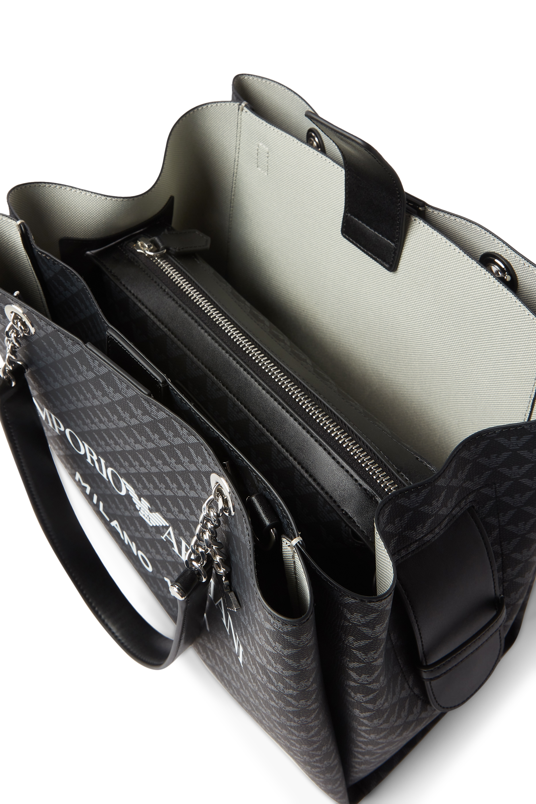 حقيبة يد مزينة كليا بنقشة شعار الماركة وحلية النسر