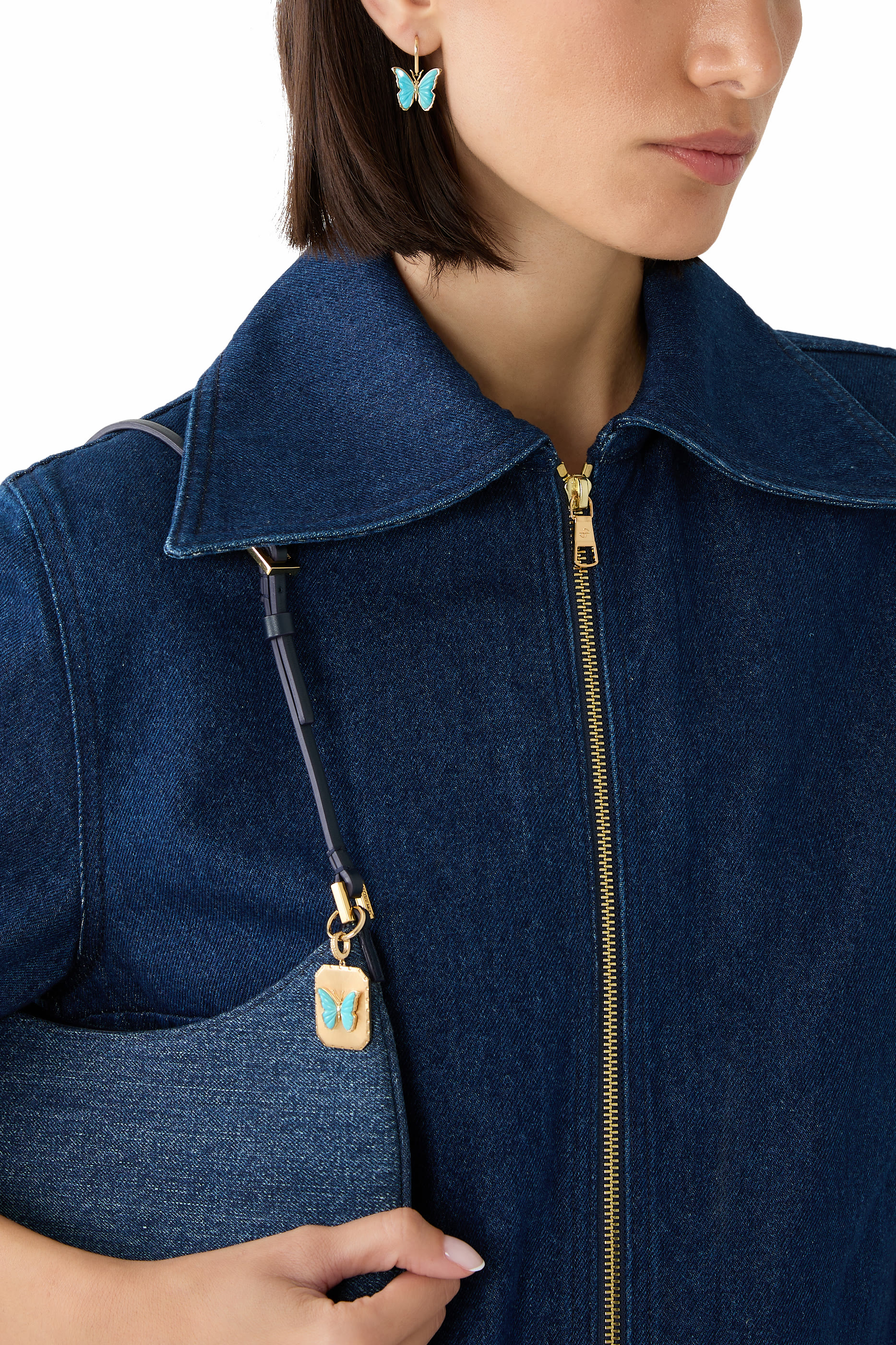 أقراط بتصميم فراشة مزينة بالفيروز، ذهب أصفر عيار 18