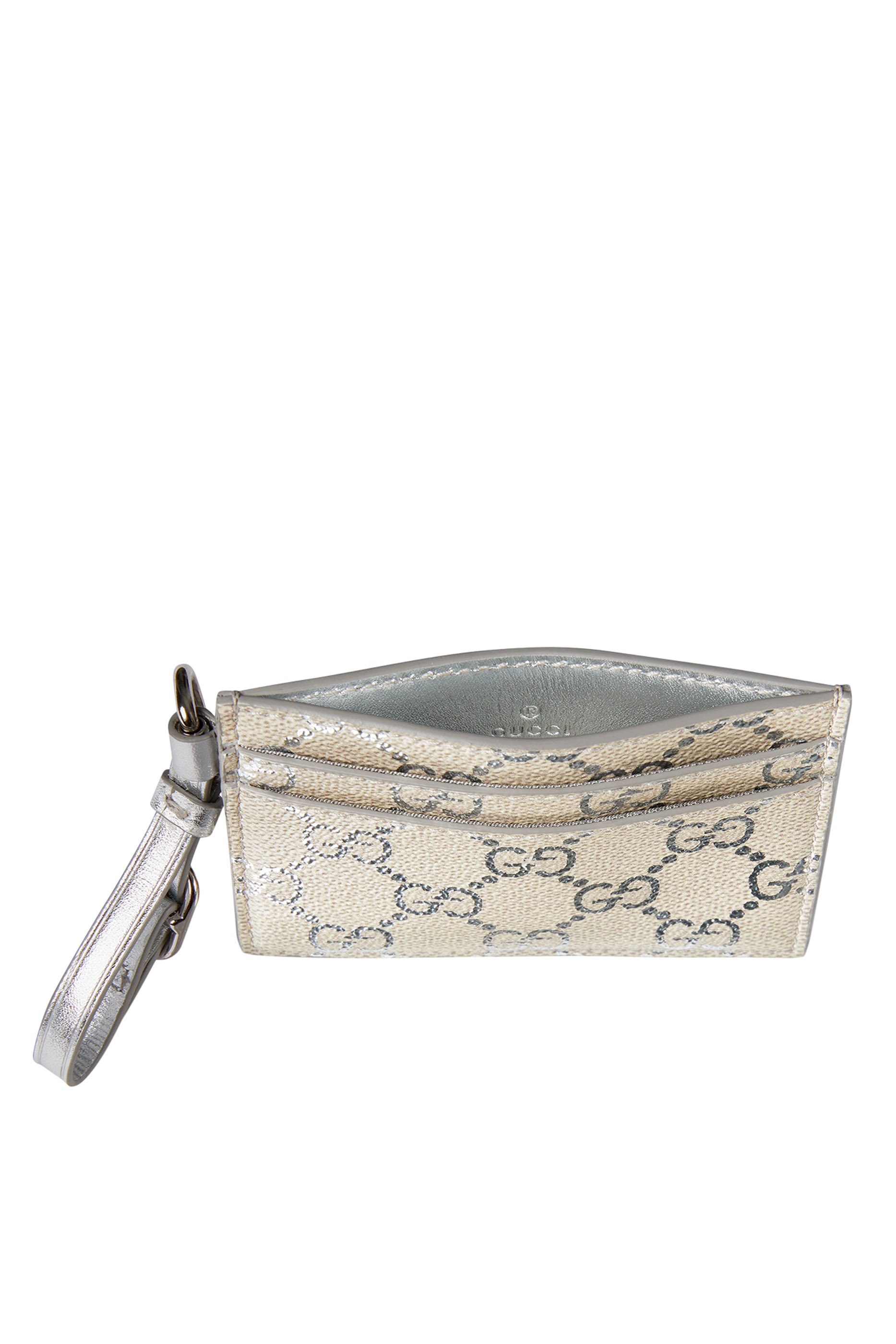 حافظة بطاقات بحمالة معصم ونقشة حرفي شعار الماركة