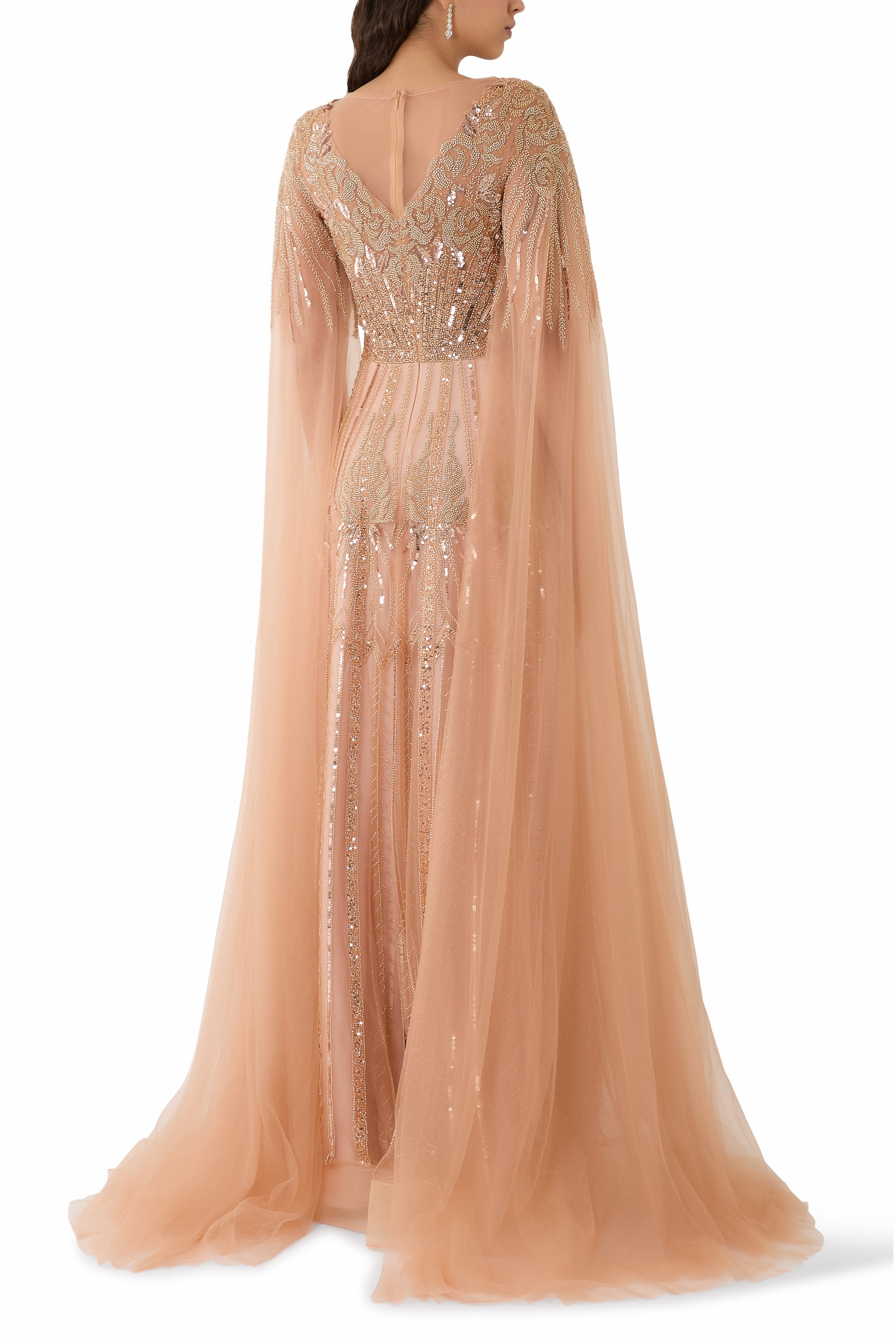 Cape-Sleeve Embellished Tulle Gown
