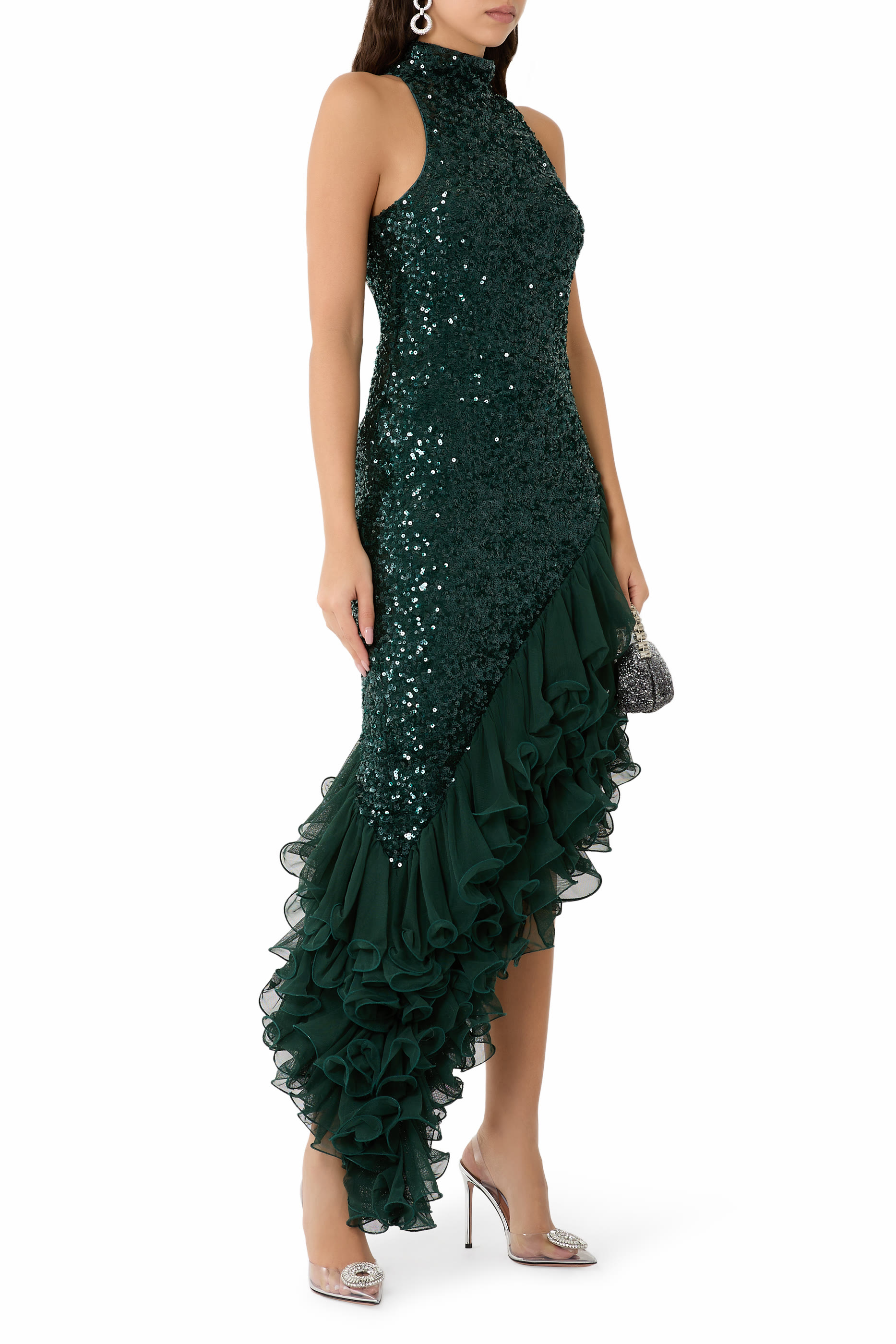 فستان متوسط الطول بكشكش وترتر