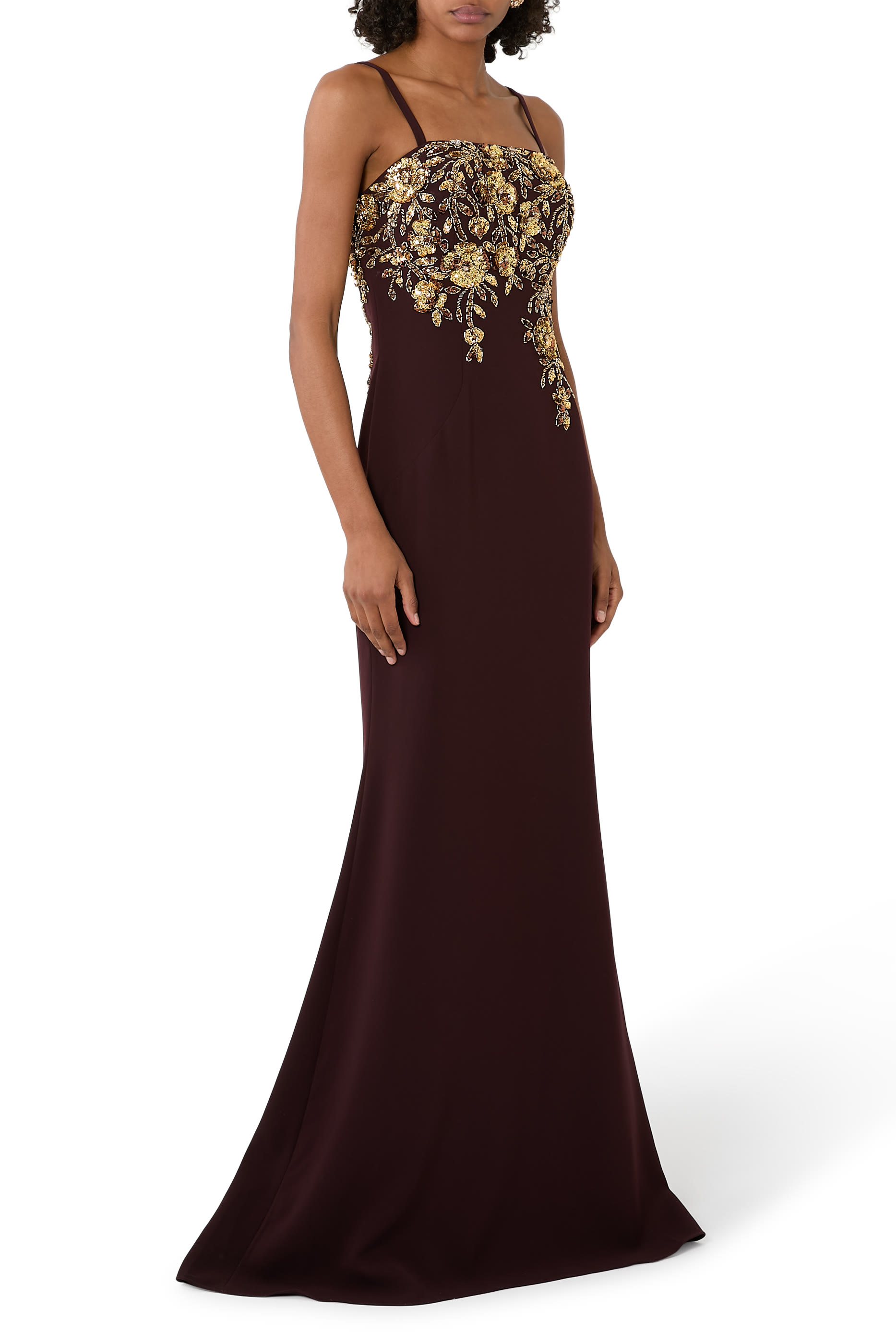 Embroidered Column Gown with Cape Sleeves