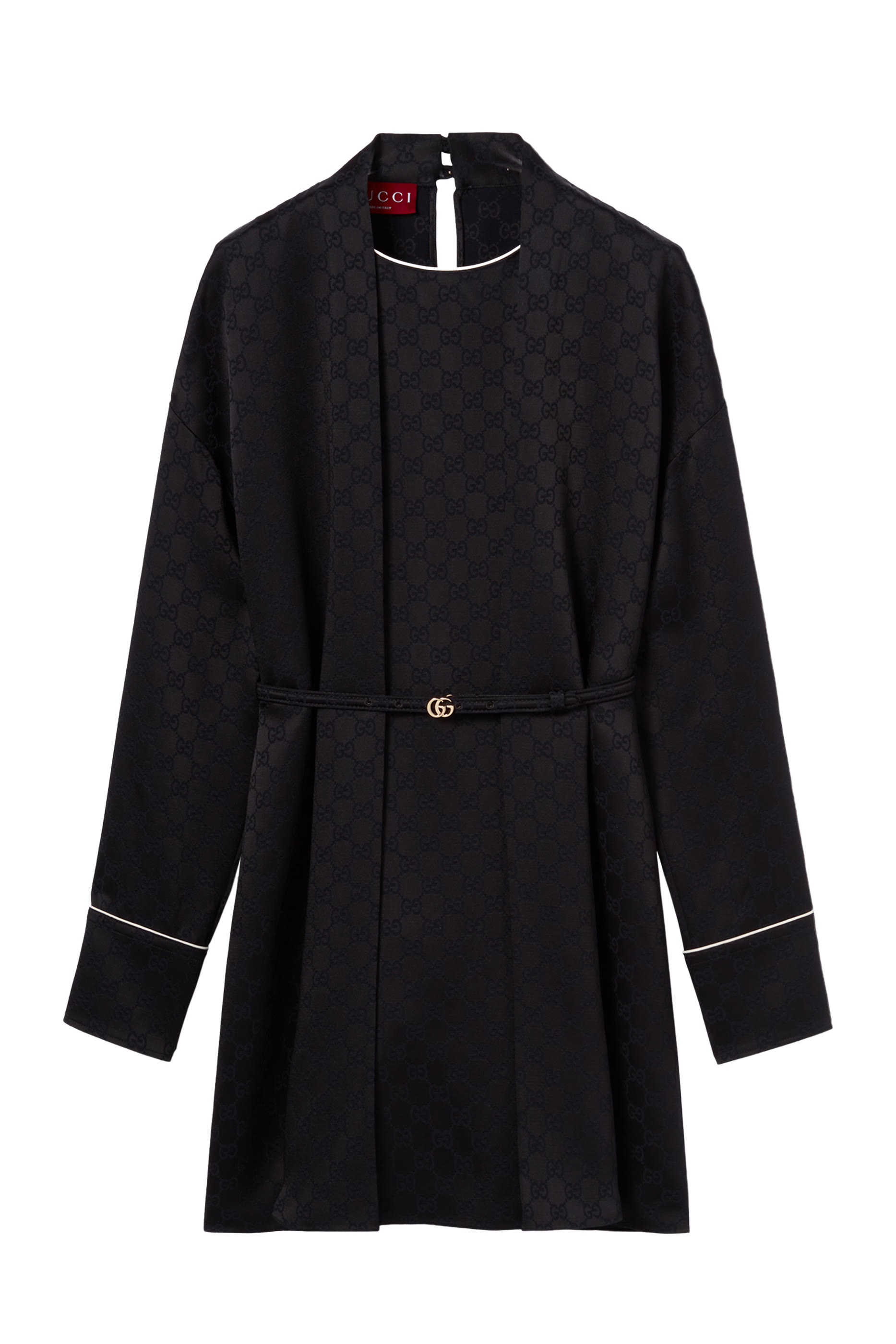 فستان بحزام مزين بشعار الماركة ساتان